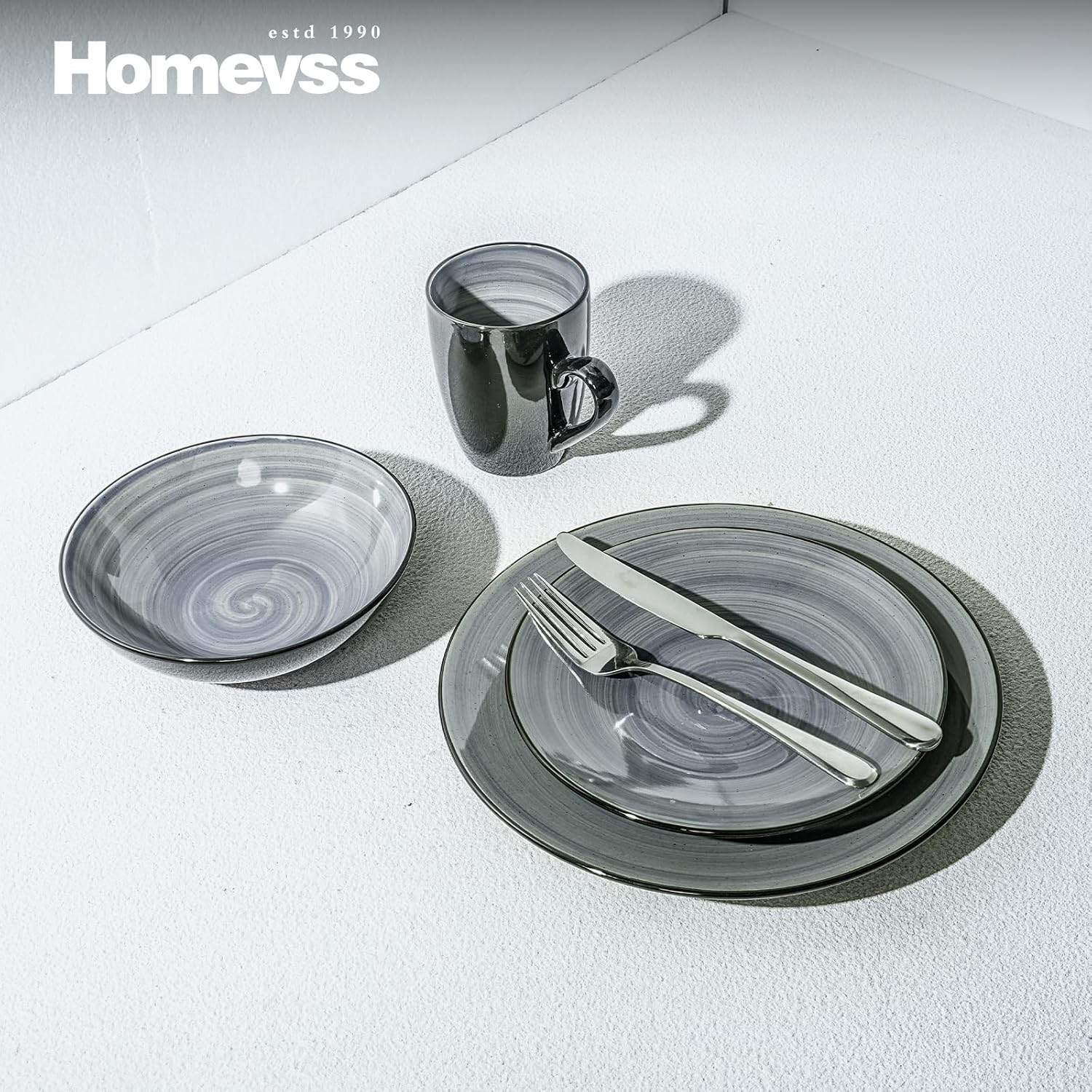 HomeVss, Sonoma Stoneware Dinnerware Set, Outside Black + Inside Hand Painting Color (16pc Set, Grey)