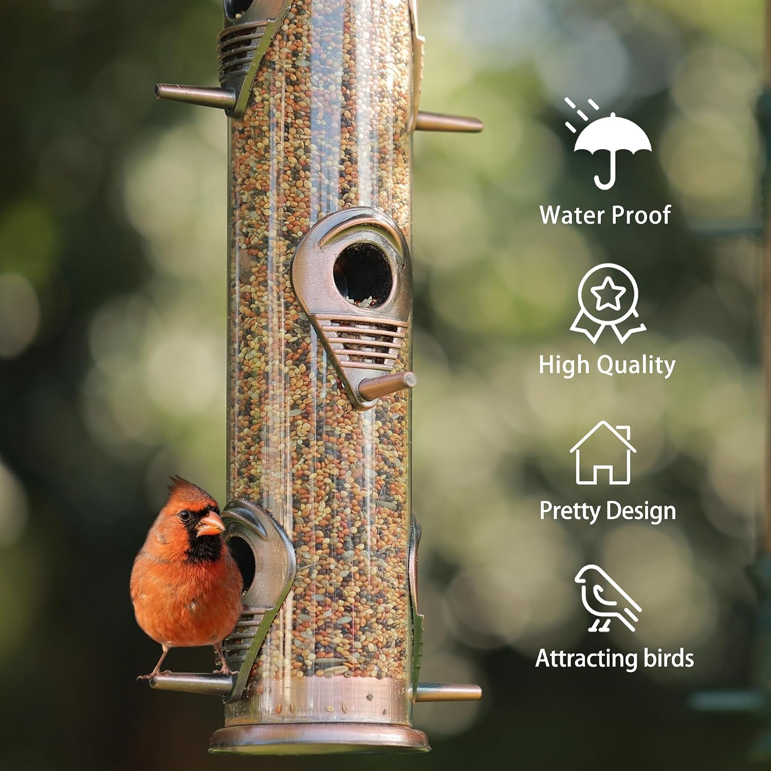 MIXXIDEA 1PK Metal Bird Feeders with 6 Feeding Ports, Tube Bird Feeder with Steel Hanger, Hard Plastic Wild Bird Feeder for Outdoors Hanging