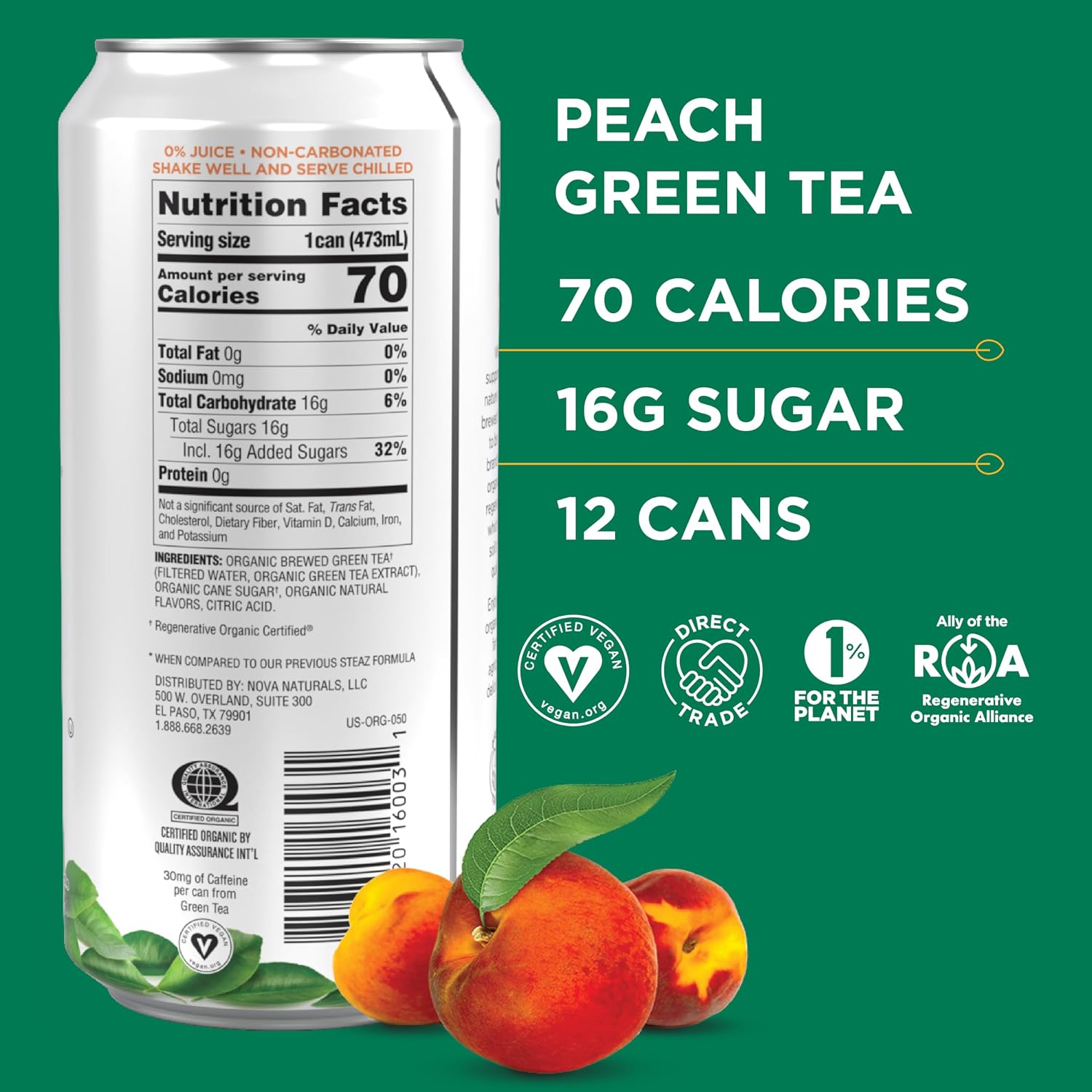 Steaz - Organic Green Tea - Peach (12 Pack) - 30mg Natural Caffeine, 70 Calories,Cane Sugar - Sweetened Iced Tea - Regenerative Organic Certified®️ - Vegan, Direct Trade - 12 Cans, 16 fl oz