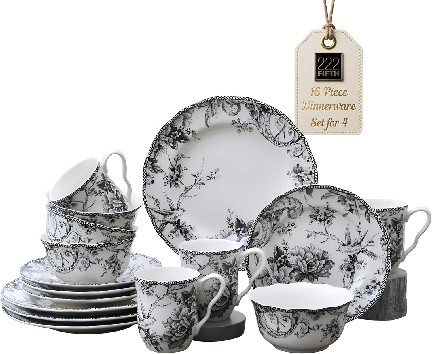 222 Fifth Adelaide 16-Piece Black Porcelain Dinnerware Set – Service for 4, Featuring Hand-Applied Romantic Woodland Bird Design