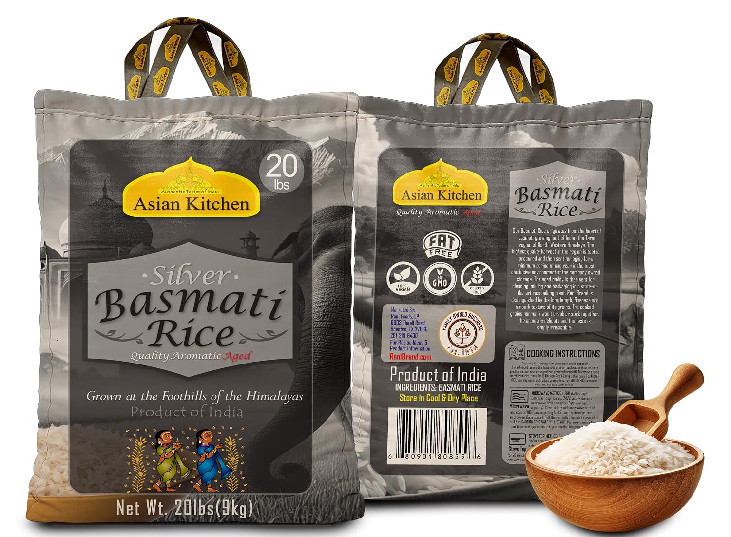 Asian Kitchen Platinum White Basmati Rice Extra Long Aged 20lbs (9.08kg) ~ All Natural | Gluten Friendly | Vegan | Indian Origin | Export Quality