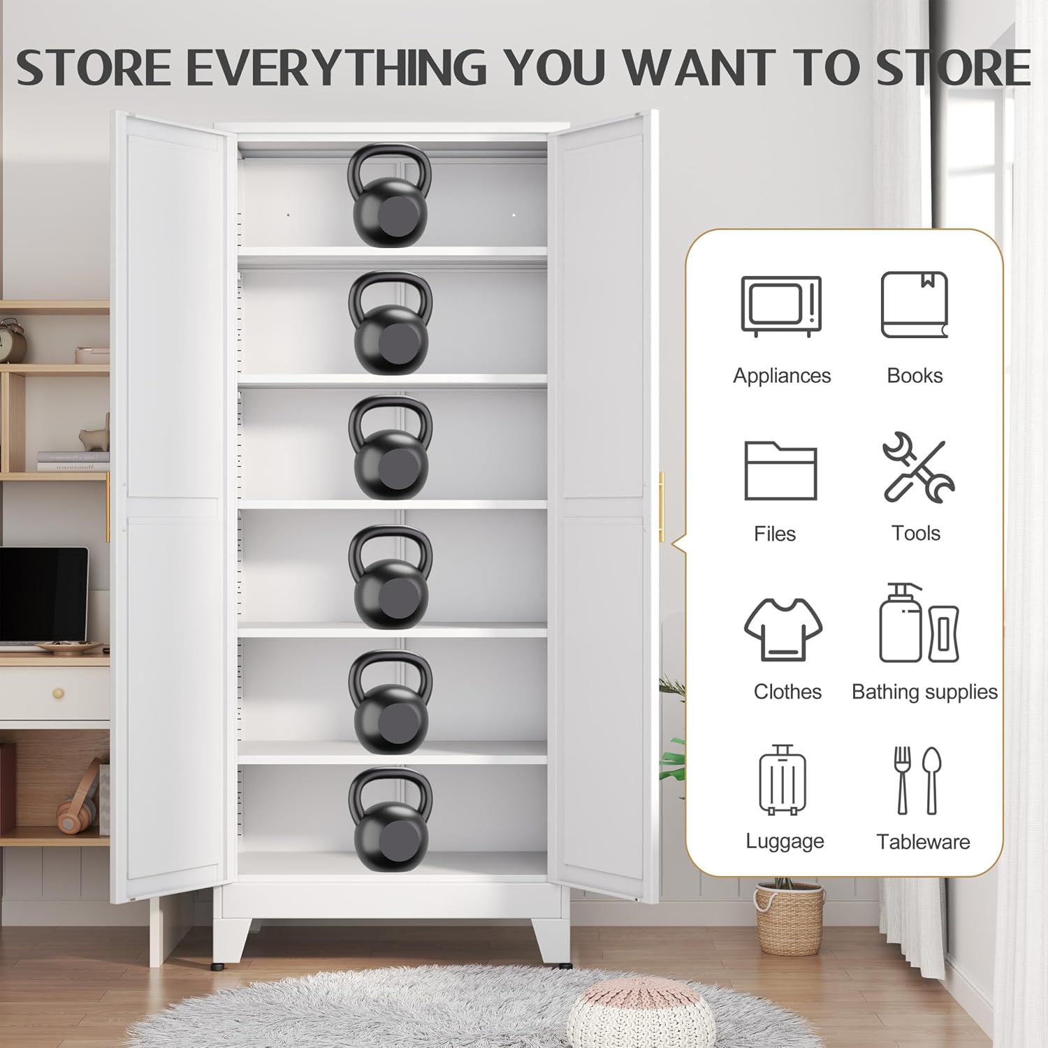 GAIOUS 75.2" Tall Metal Kitchen Pantry Storage Cabinets with 2 Door and 5 Adjustable Shelves, Cupboard for Kitchen, Dining Room, Living Room and Bathroom, White