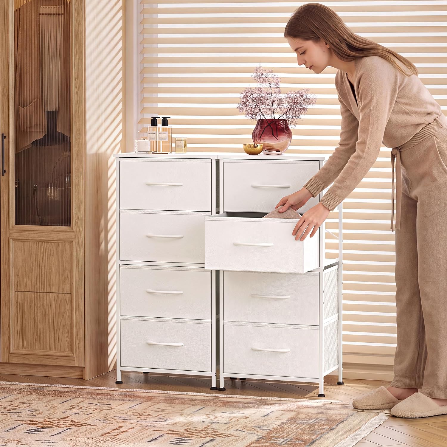WLIVE Small Dresser Nightstand for Bedroom, 4 Drawers, Light Grey | 4 vertical fabric drawers, Space-saving tower, Bedroom or closet use, Chest of drawers, Dresser for small spaces