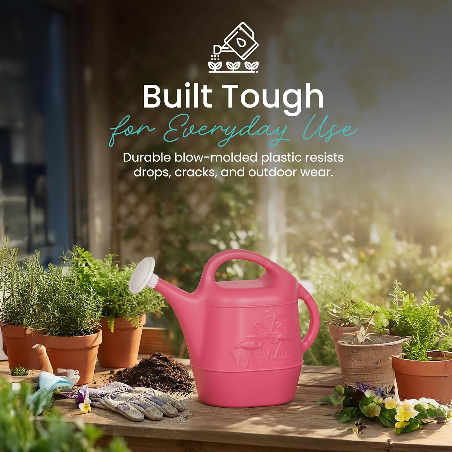 Union Products 63066 2 Gallon Plastic Indoor/Outdoor Watering Can w/Tulip Design for Garden, Potted Plants, & Patio Pots, Caribbean Blue