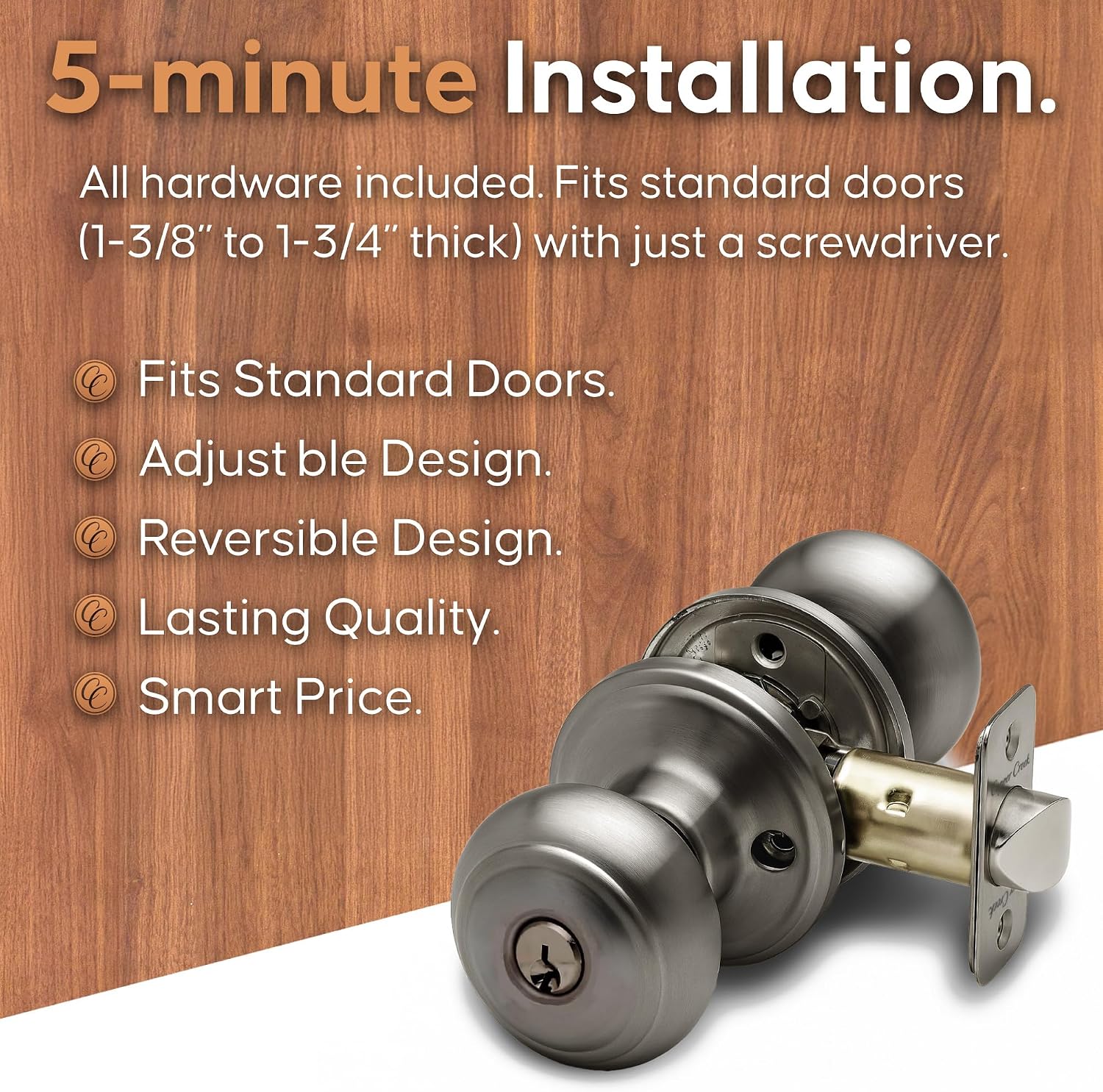 Copper Creek Colonial Privacy Interior Door Knob – ANSI Grade-3 Certified, Modern Heavy Duty Handle, Easy Install and Reversible for Bedroom, Bathroom and Closets – Satin Stainless (1 Pack)