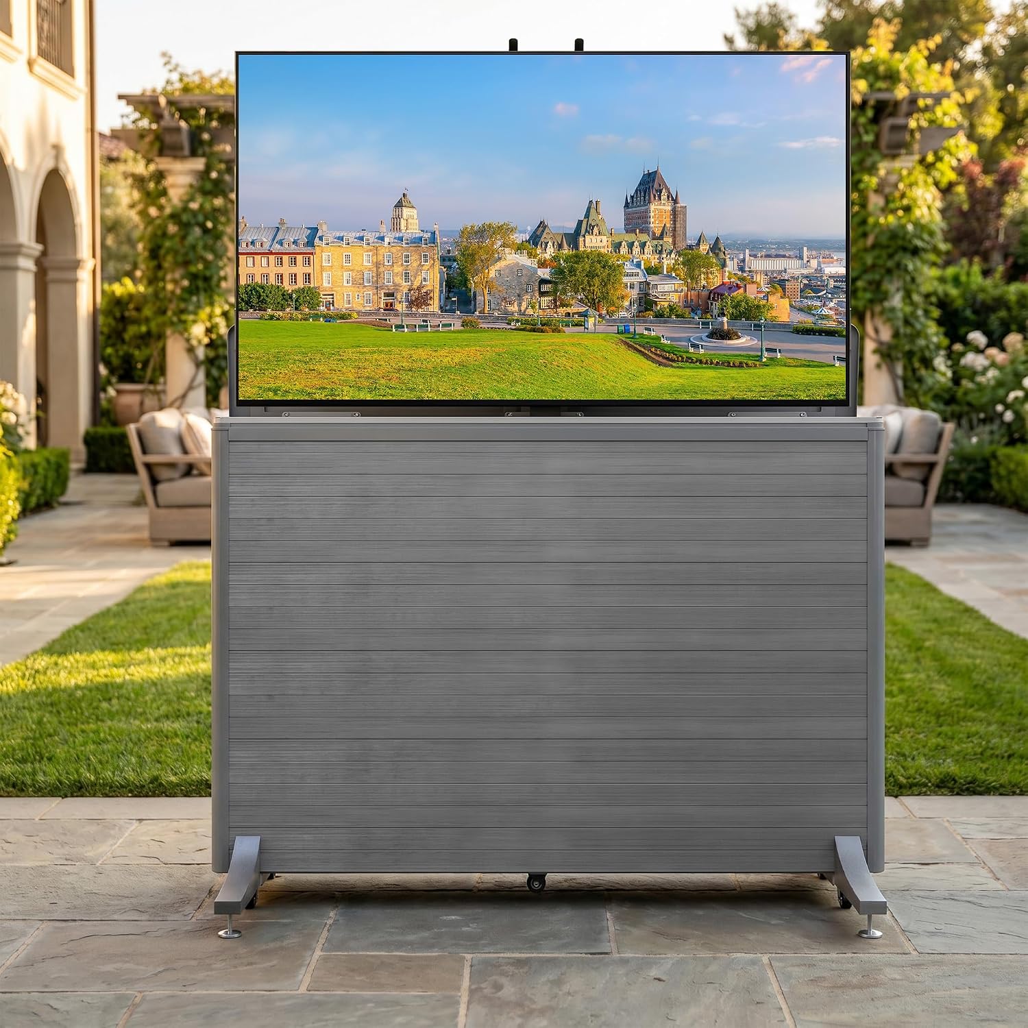 High-Grade Wood-Plastic Composite Outdoor TV Lift Cabinet, Mobile TV Stand on Wheels, Weatherproof Motorized TV Lift Stand