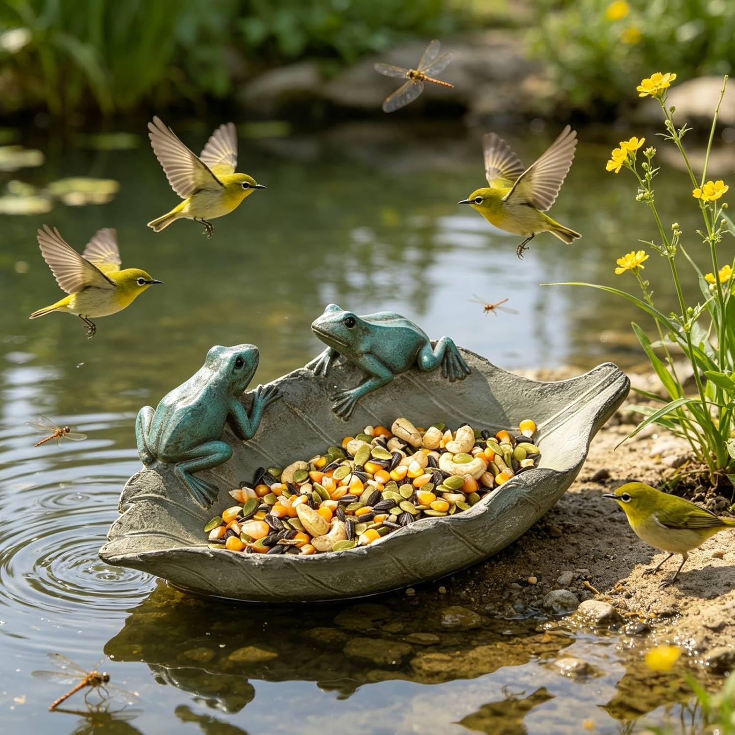 Bird-Feeder Wild Bird-Bath Bowl Outdoors - Garden Decor Polyresin Birds on Leaf 12.4 * 7.5 * 4.1 Inch-Newman House Studio