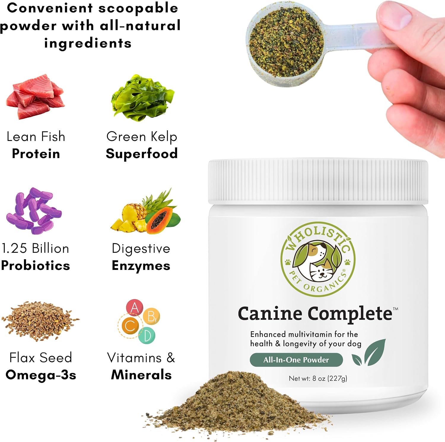 Organic Dog Vitamins | 1 Lb | 45 Scoops | Daily Dog Multivitamin with Prebiotics, Probiotics for Immune Support, Skin Coat, Digestion, & Joint Health | Canine Complete