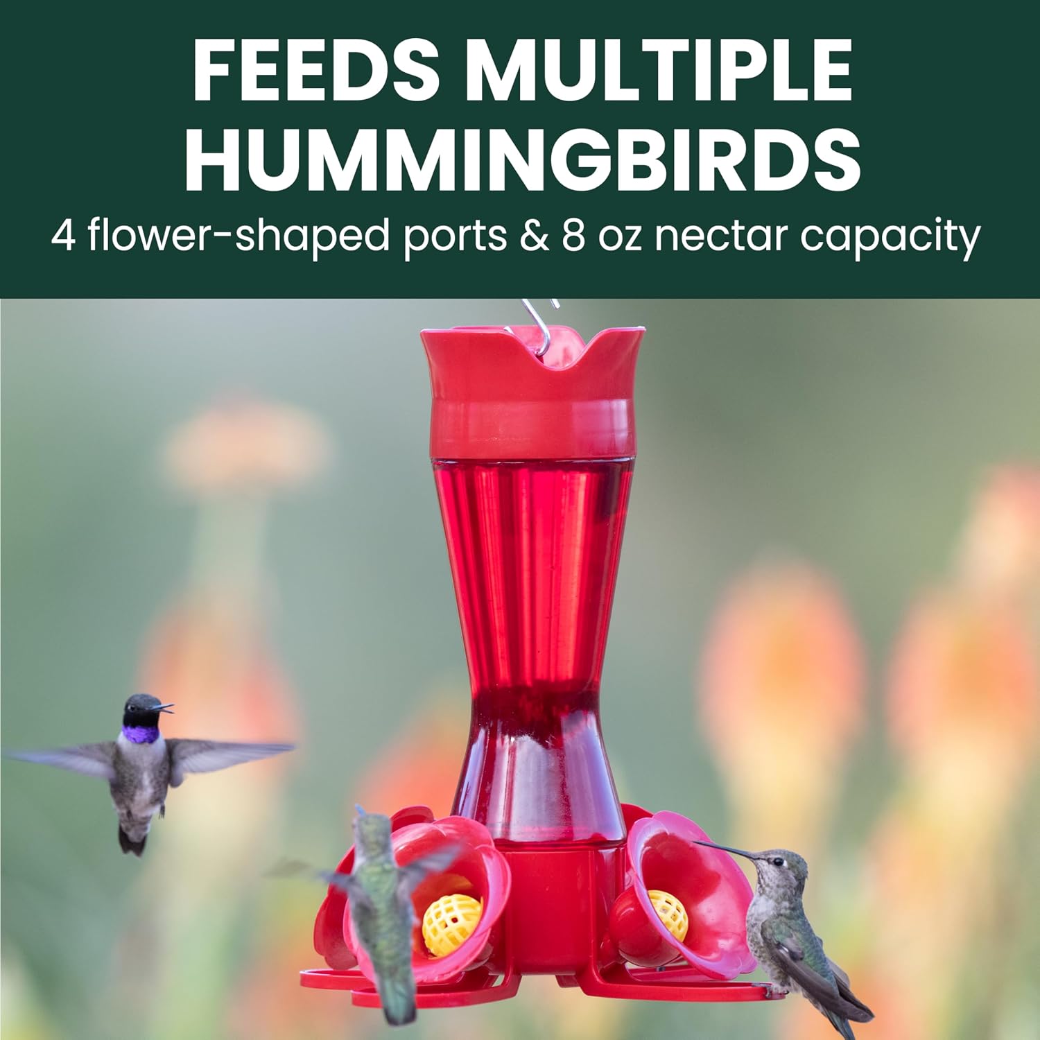 Perky-Pet Red Pinch-Waist Plastic Hummingbird Feeder, 8 oz Capacity | Built-in Bee Guards and Ant Moat for Outdoor Bird Feeding Station and Backyard Wildlife, Hummingbird Feeders for Outdoors