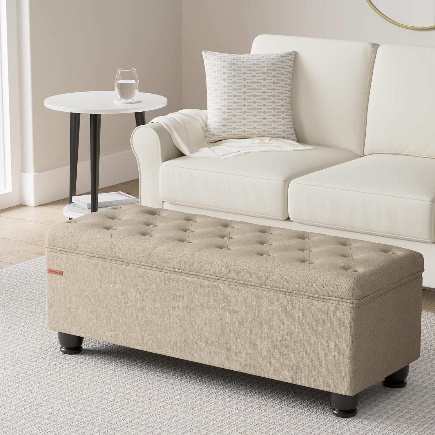 SONGMICS Storage Ottoman, 46.5 Inches Bedroom Bench, Solid Wood Legs