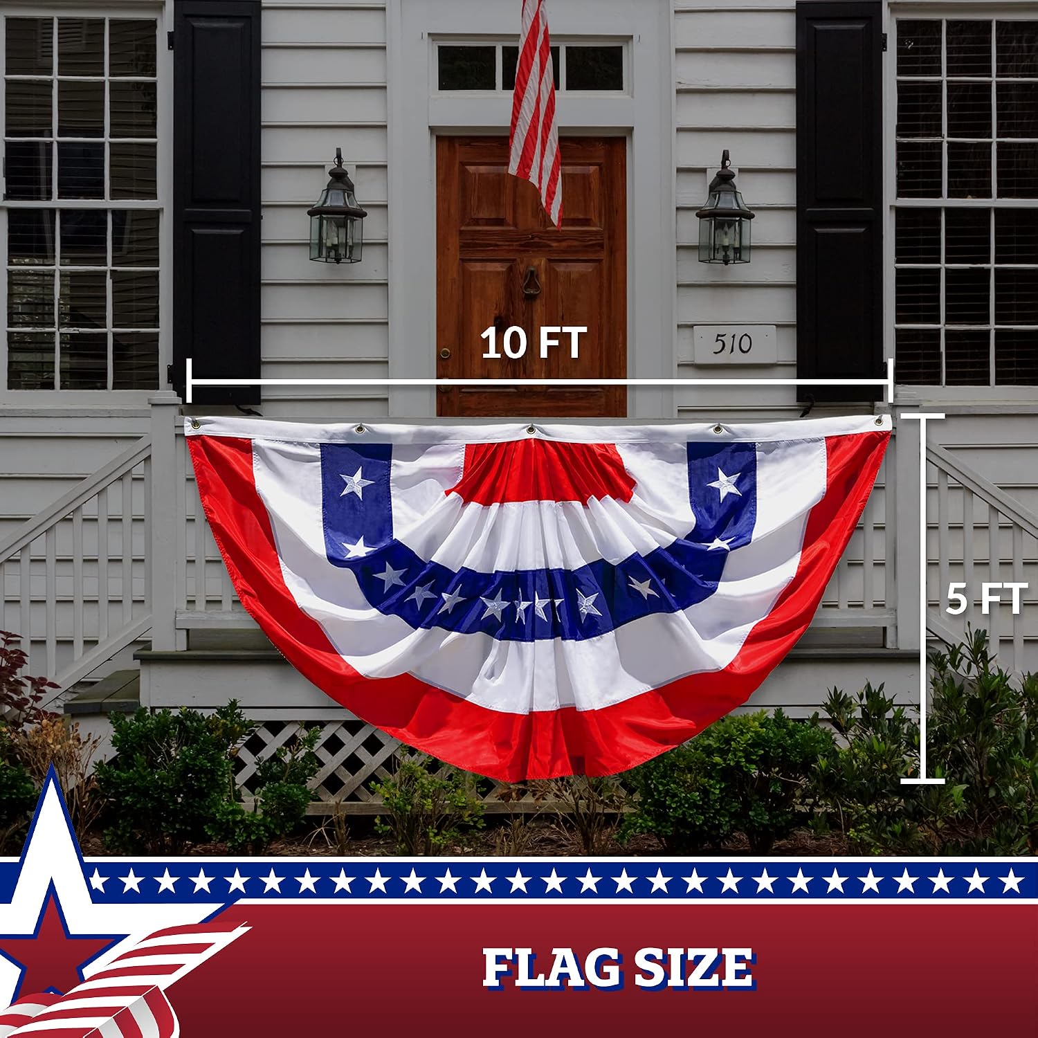 G128 - USA Pleated Fan Flag, 4x8 Feet American USA Bunting Decoration Flags Embroidered Patriotic Stars & Sewn Stripes Canvas Header Brass Grommets