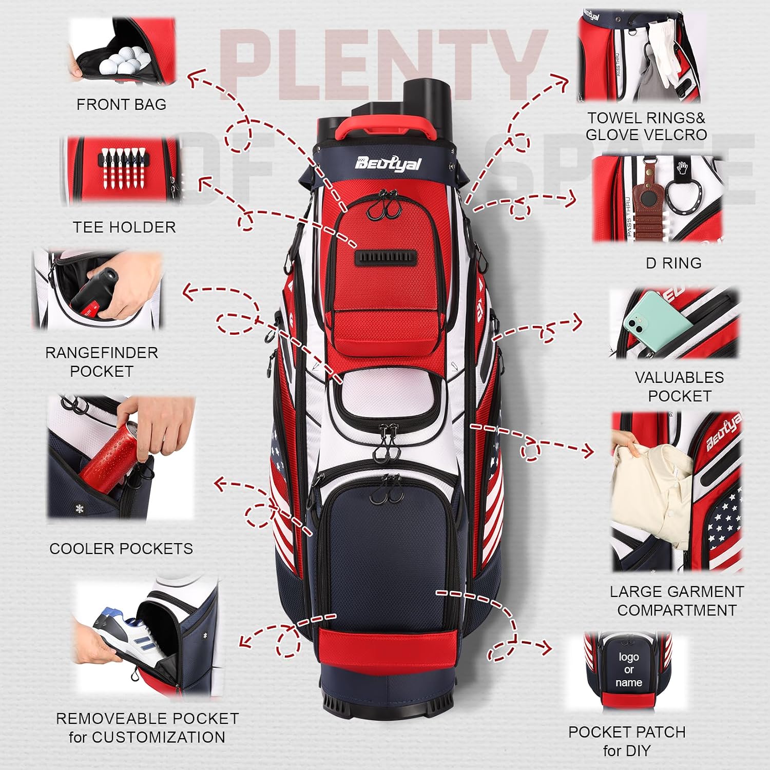 T Lock Golf Cart Bag, 14 Way Full Length Divider Golf Bag for Men | USA Flag Design, 14 Way Full Length Dividers, T Lock Compatible, Cooler Pocket