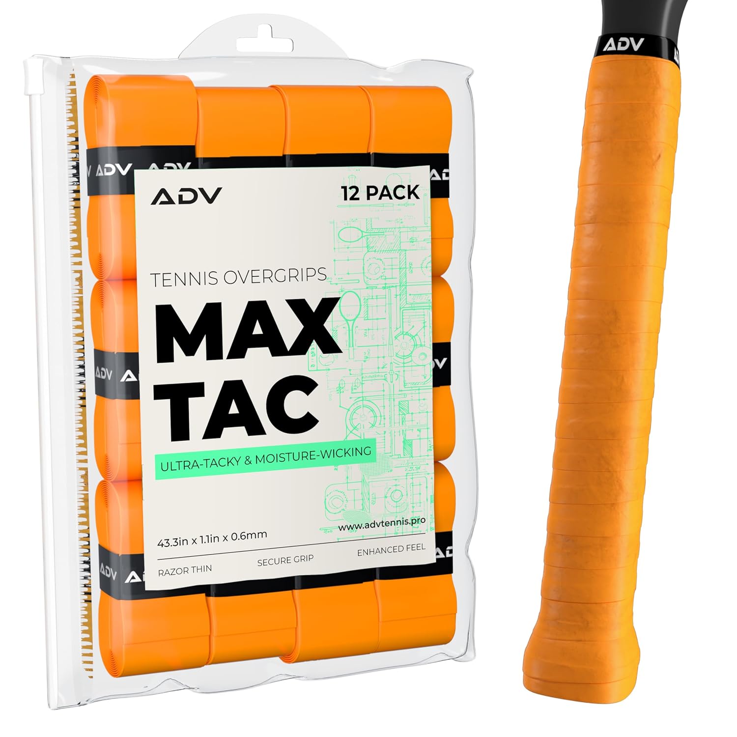 ADV MaxTac Tennis Overgrip, Tacky Moisture-Wicking Grip (Orange, 12-Pack)