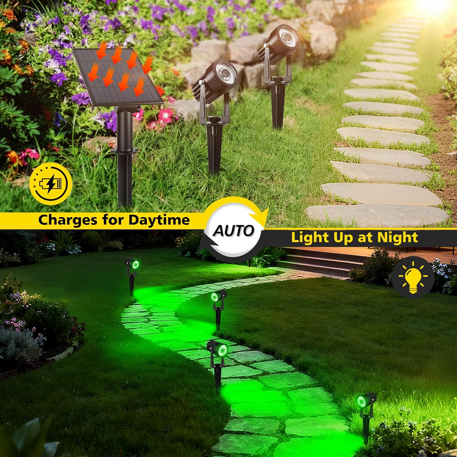 T-SUN Solar Spot Lights Outdoor, Dual Head Solar Spotlights, Cool White | IP65 Waterproof, 2 Brightness Modes, Dusk to Dawn Solar Uplights for Garden, Yard, Pathway, Patio, Lawn