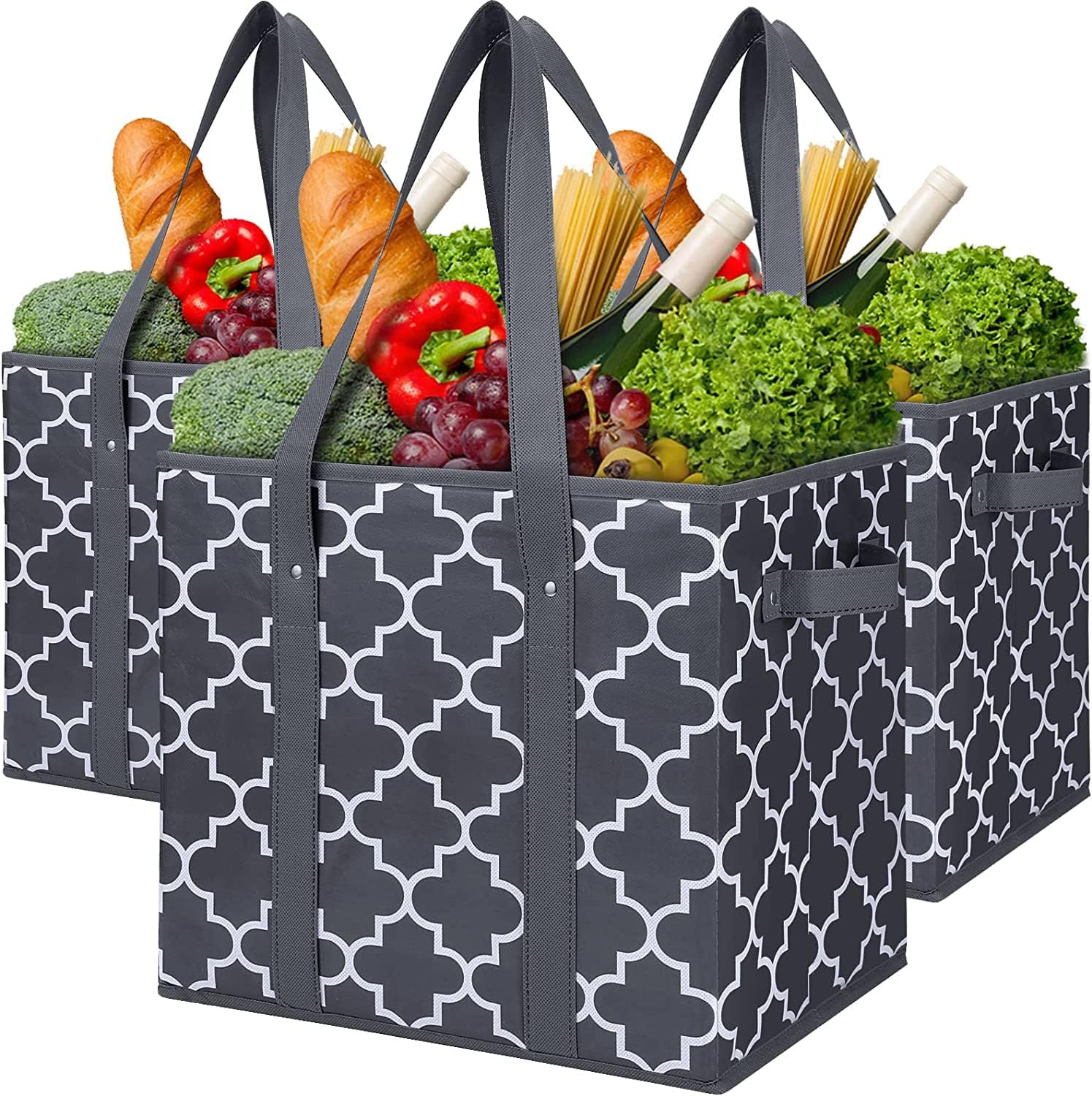 WISELIFE Reusable Grocery Bags 3-Pack Foldable Washable Large Storage Bins Basket Water Resistant Shopping Tote Bag Black