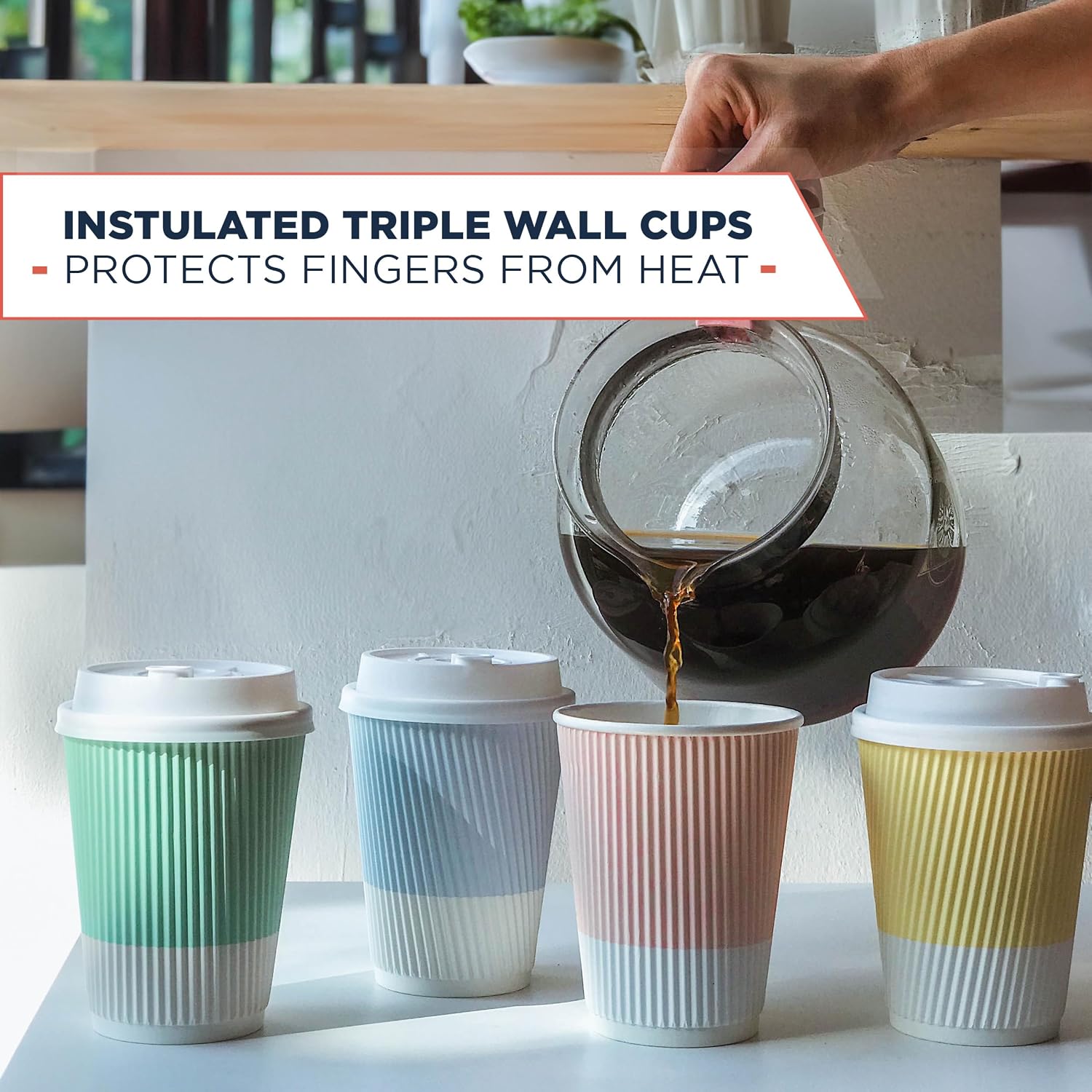 Disposable Coffee Cups With Lids - (80 set) 12 oz Paper To Go Coffee Cups With Resealable Lids Prevent Leaks! Travel Insulated Hot Beverage Drink Cup. Will Not Bend With Heat or Burn Fingers