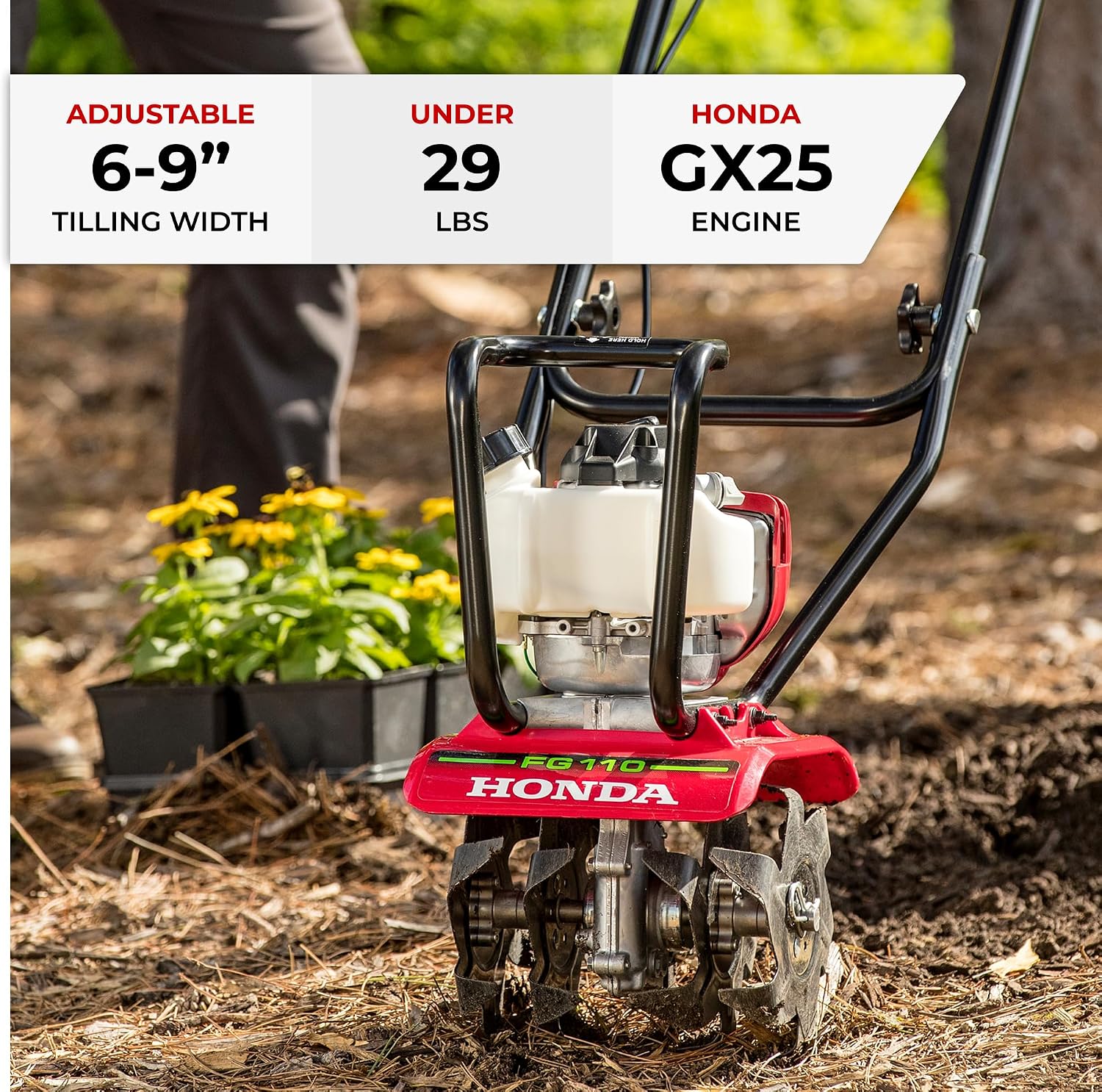 Honda FG110 Mini Tiller Cultivator (FG110KiAT) | 6- to 9-Inch Tilling Width, Break New Ground or Prep Soil, Gas Engine, Adjustable Depth Bar