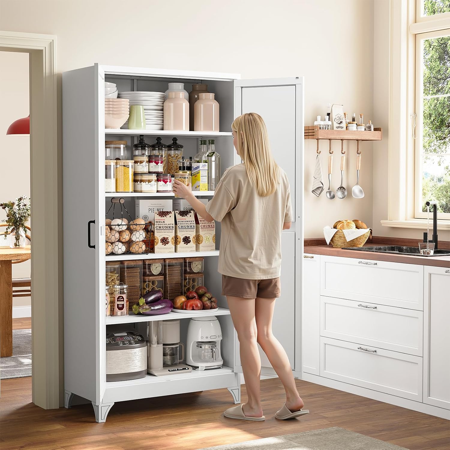 Metal Storage Cabinet with 2 Doors and 4 Adjustable Shelves - 61" White Kitchen Pantry Storage 5-Tier Tall Steel Cabinets Locker for Kitchen, Living Room, Dining Room