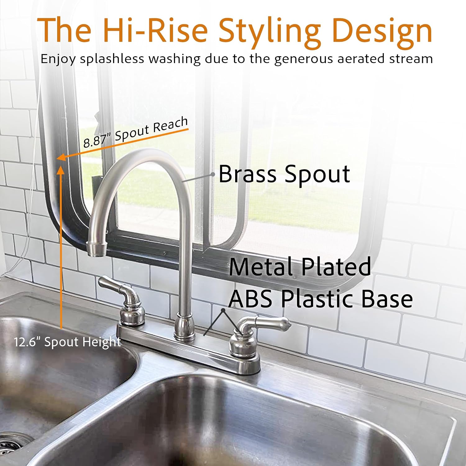 Dura Faucet DF-PK330HC-SN RV J-Spout Kitchen Sink Faucet (Satin Nickel) | Tall spout clears big pots; dual levers fine-tune water flow. Brushed Satin Nickel.