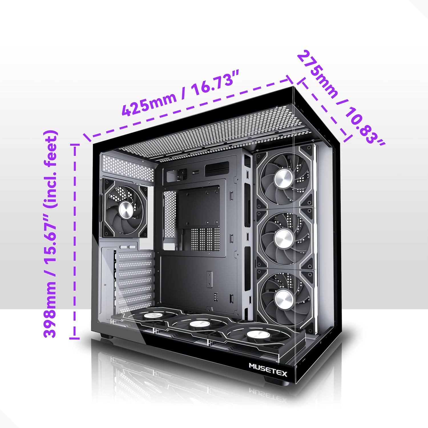 MUSETEX Y6 PC Case, Pre-Installed 7 Infinity Mirror PWM ARGB Fans, ATX Mid Tower Computer Case, Gaming PC Case with Type-C, 270° Full View Tempered Glass, Black