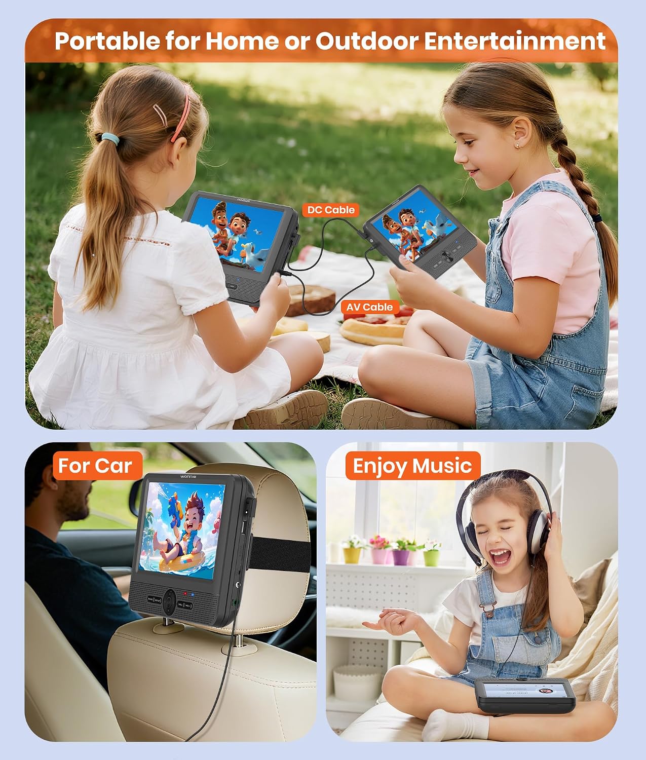 FANGOR 7.5 Inch Dual Car DVD Player, Portable Headrest Video Player for Car with 5 Hours Rechargeable Battery, Last Memory, AV Out/in