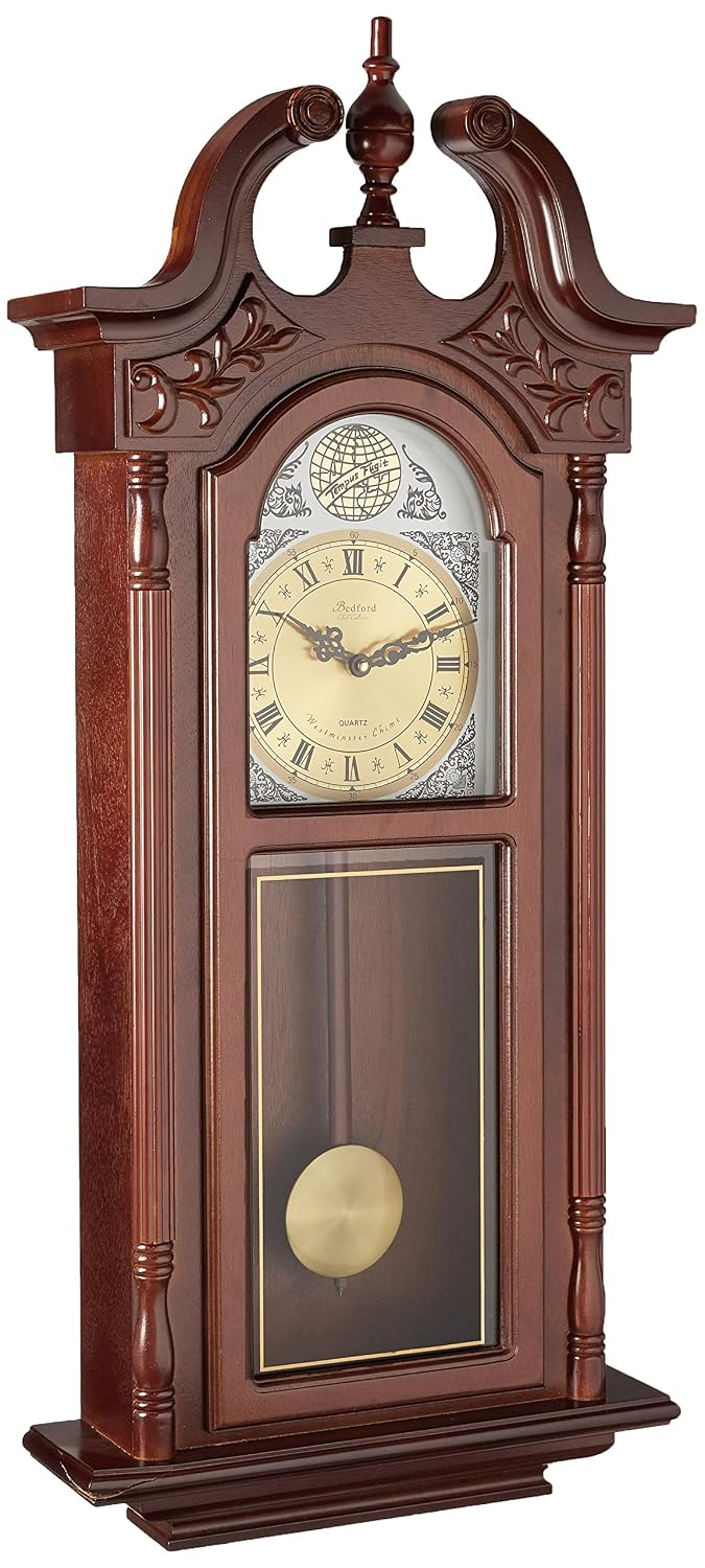 Bedford Clock Collection Grand Antique Chiming Wall Clock with Roman Numerals in a in a Cherry Oak Finish, 38" L
