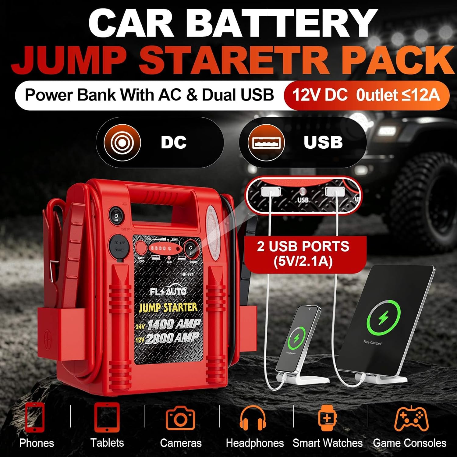 2800A/1400A Heavy Duty 12V/24V Car Jump Starter & Battery Booster – Jumper Pack, Lead-Acid Emergency Power for Cars, Trucks, SUVs, Boats