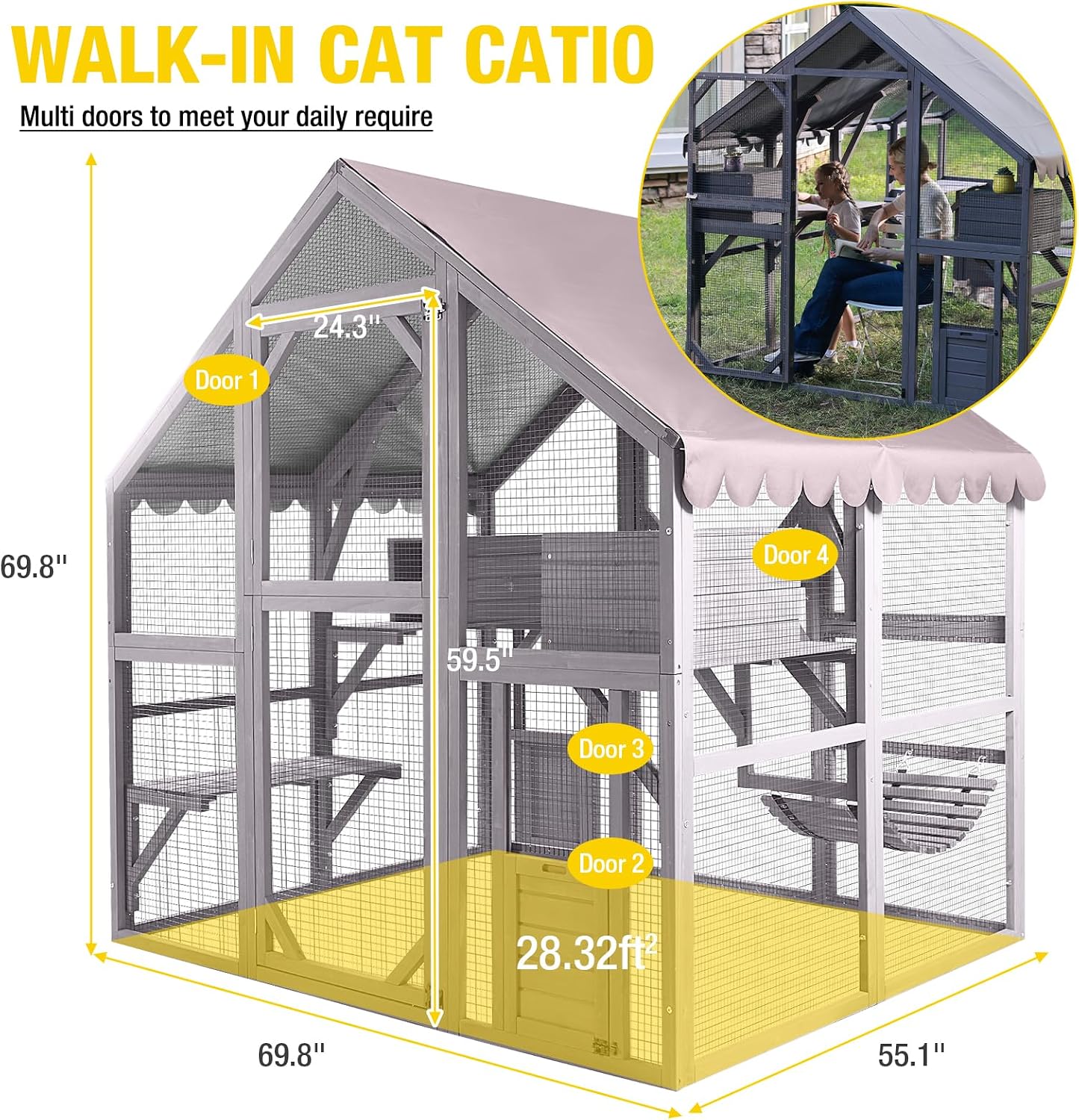 Aivituvin Cat House Outdoor Cat Catio Wooden Large Enclosure with Run on Wheels 70.9" Upgraded Version Catio with Reinforcement Strip