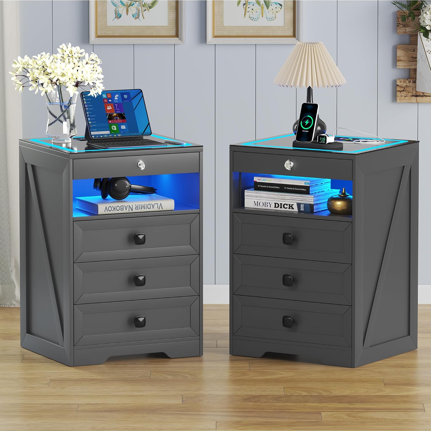 Lvifur LED Nightstand with Lockable Gun Drawer and Human Sensor, Black | USB & Type-C Charging Station, 3 Dimmable Lights, Adjustable Brightness, 3 Drawers, Farmhouse Style, Human Body Induction