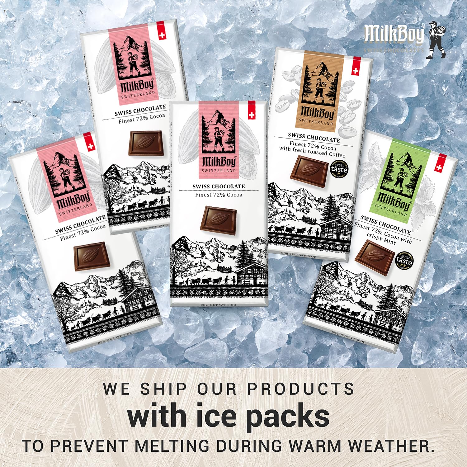 MilkBoy Swiss Chocolates Chocolate Bar Variety Flavors - 3 oz, 5 Pack | Includes milk, dark, white bourbon vanilla, caramel sea salt & almond flavors. Rainforest Alliance certified cocoa. Kosher.
