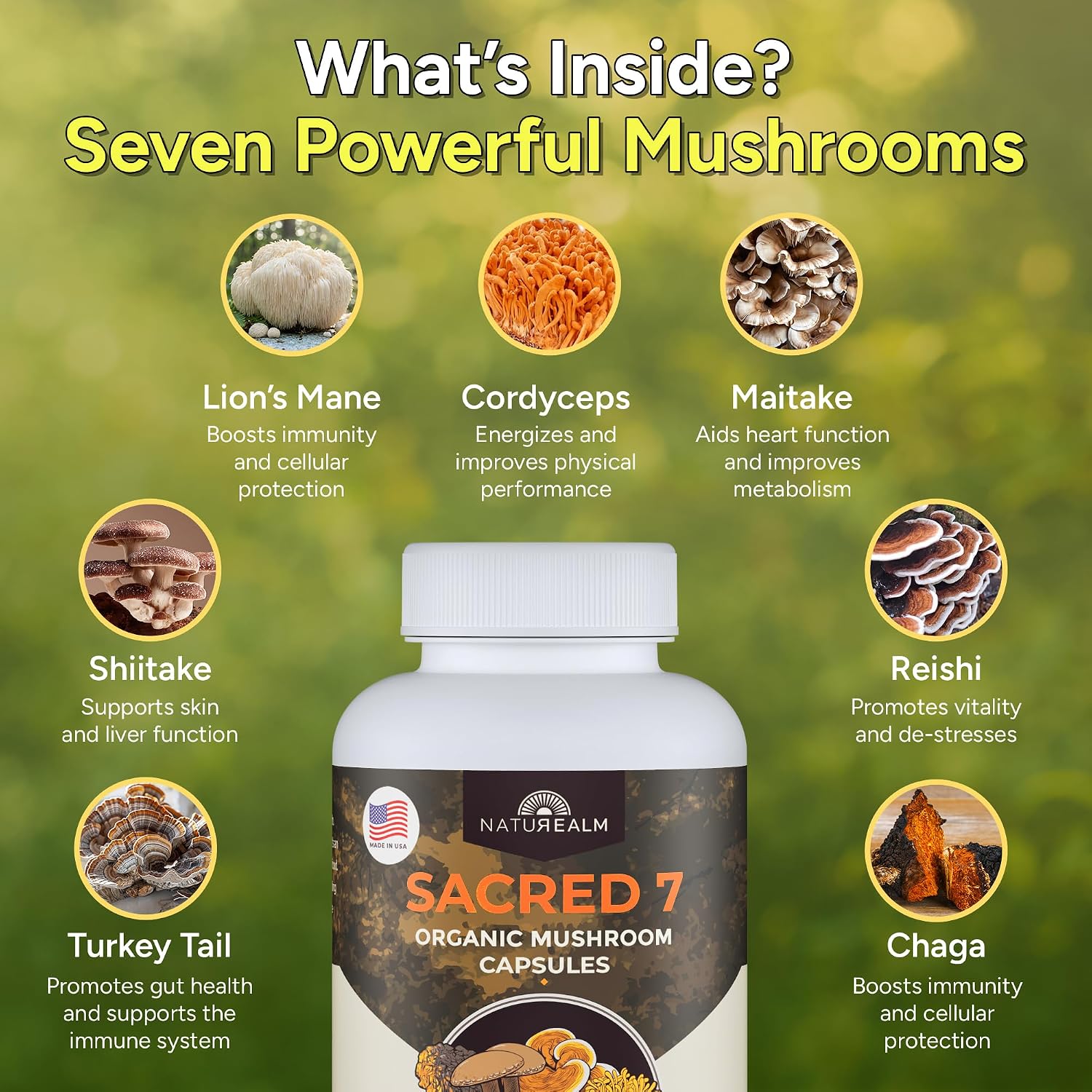 Sacred 7 Brain Mushroom Powder, Organic 7-in-1 Blend 226 Servings | Seven fruiting body extracts, lions mane cordyceps reishi, stirs into coffee or smoothies, 1000 mg scoop