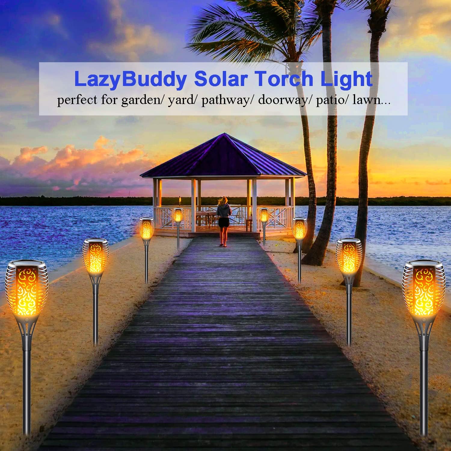 Large Size Solar Torch Light with Flickering Flame, 8 Pack | Fire Effect Garden Lights Outdoor, IP65 Waterproof Tiki Torches, Auto On/Off