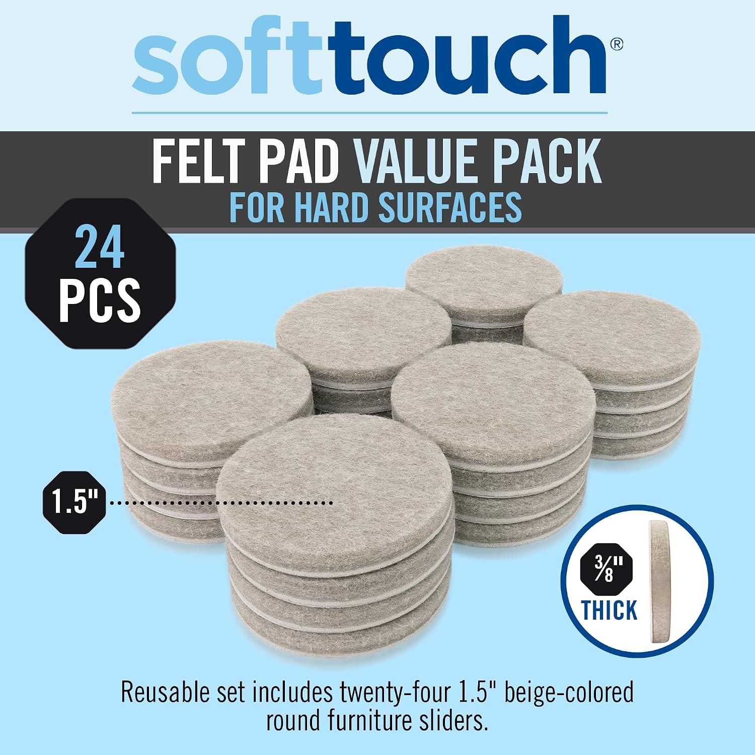 softtouch 1 1/2" Round Heavy Duty Felt Furniture Pads for Hardwood, Brown (24 Pack)