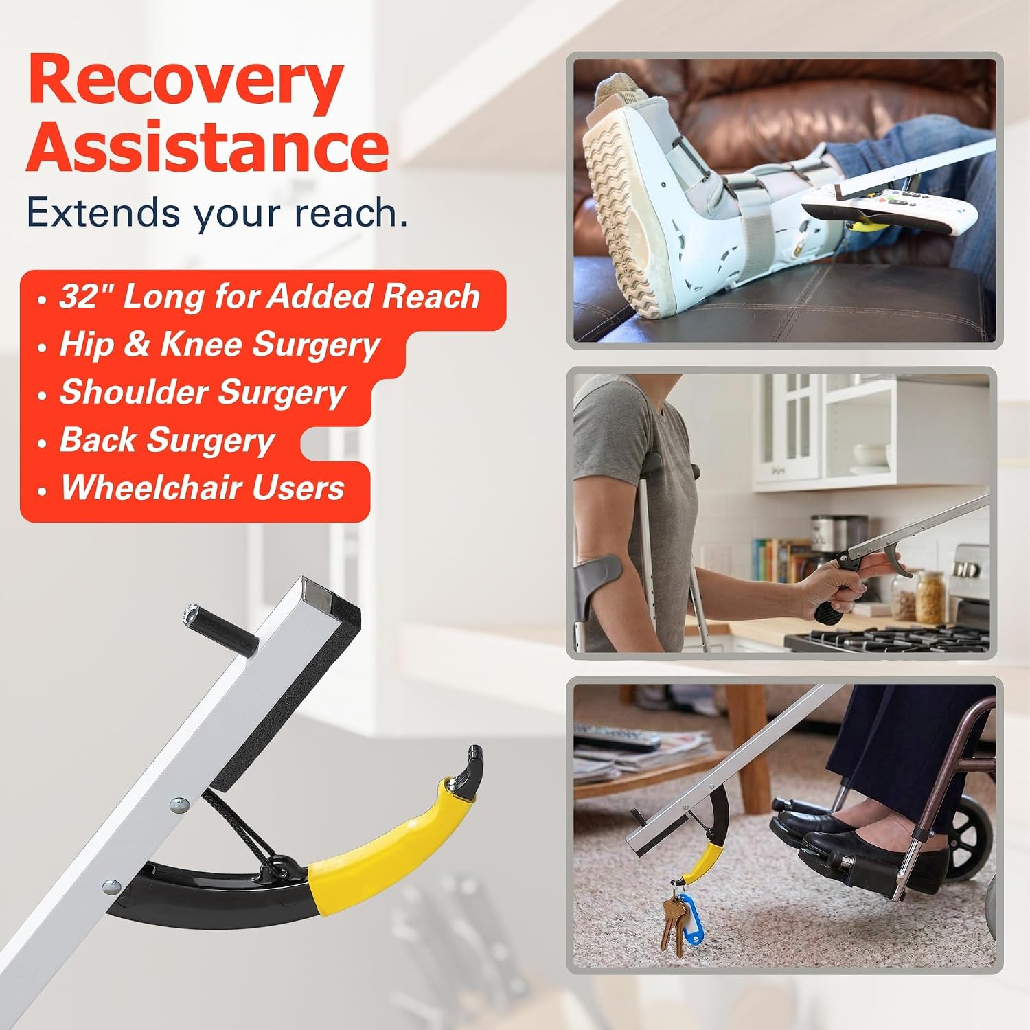 Sammons Preston Reacher, 32" Grabber Tool for Seniors, Magnetic Tip, Silver | Lightweight grabber reacher tool with magnetic tip, ergonomic grip and claw jaw, a reaching aid for seniors