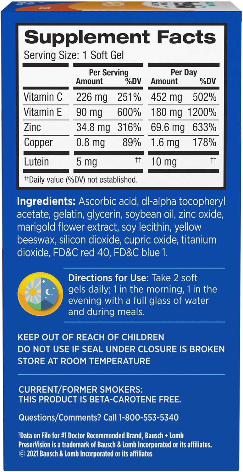 PreserVision AREDS Eye Vitamins, #1 Eye Doctor Recommended Brand, Multivitamin with Lutein, Vitamins C & E, Zinc, and Copper Supplements, 120 Softgels