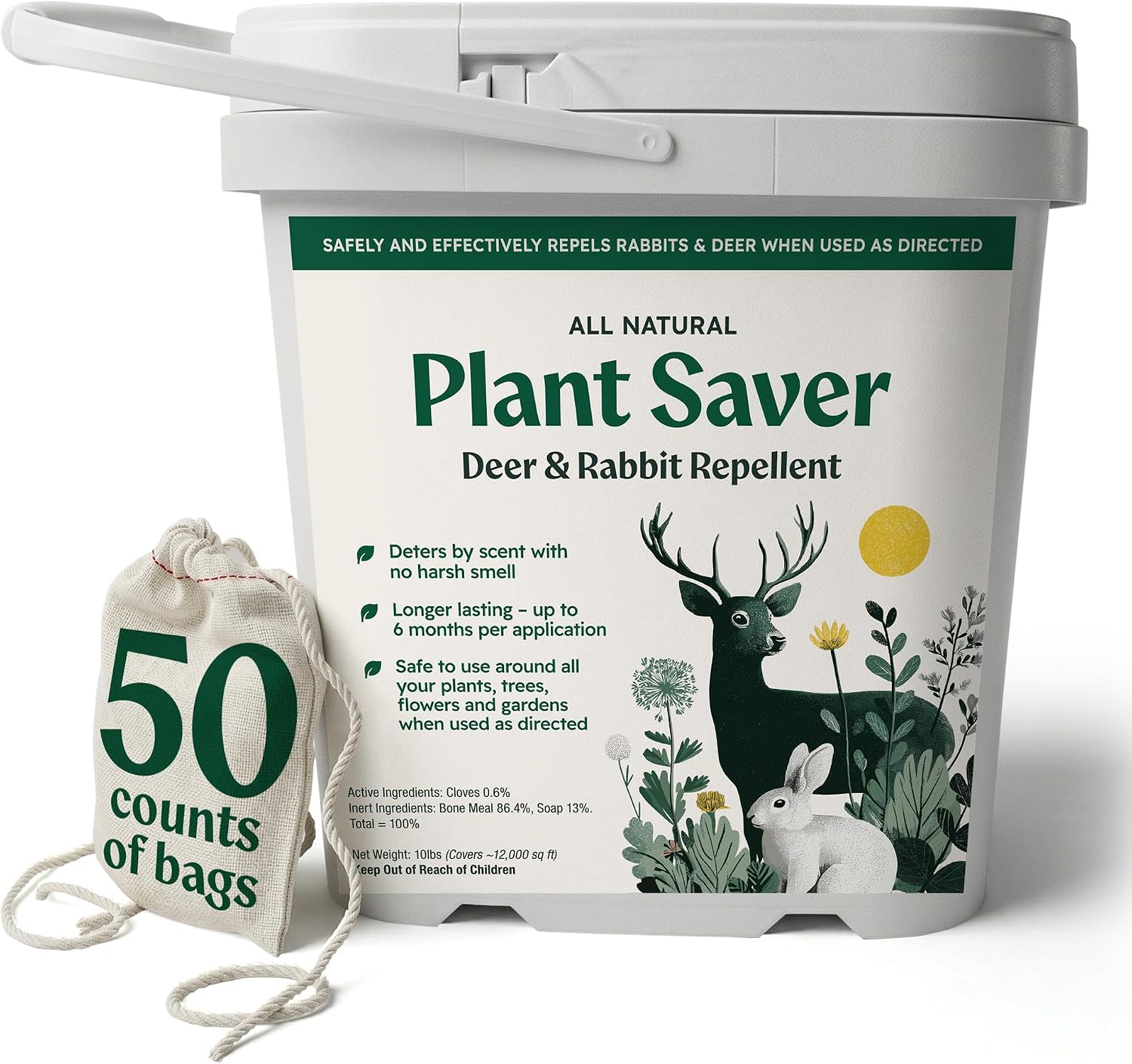 Deer & Rabbit Repellent – All Natural Scent-Based Animal Protection – Safe for Pets & Plants – Long-Lasting Up to 6 Months – Repels Elk, Moose & Rodents – 2 lbs with 10 Refillable Bags
