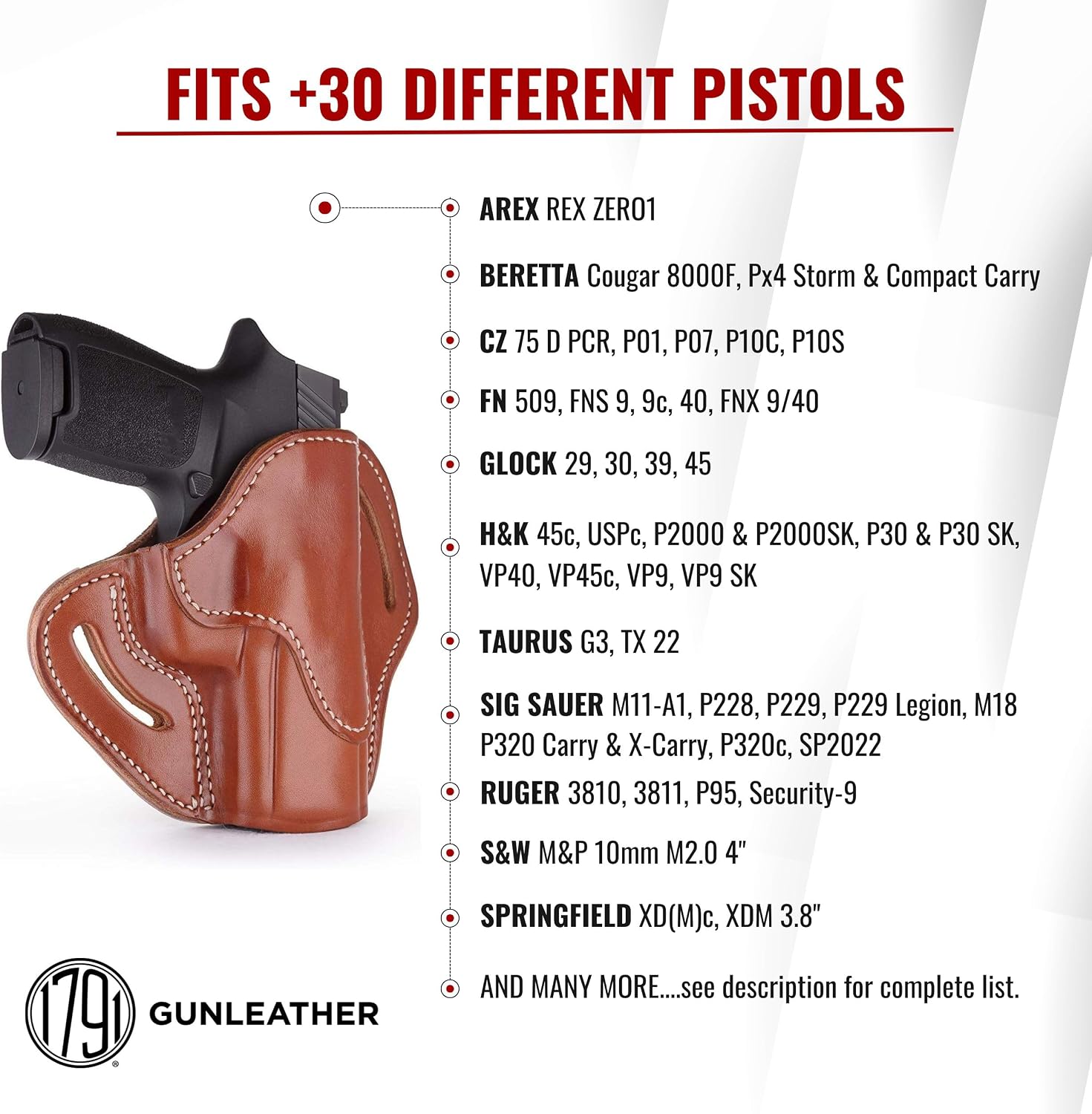 1791 Gunleather Holster Fits P320c, P229, H&K VP9, CZ P10C, Walther PDP | Right-handed OWB leather gun holster also fits CZ P10S, FN 509, H&K P2000, VP9SK, P30, Sig M18, Glock 45, Beretta PX4 Storm