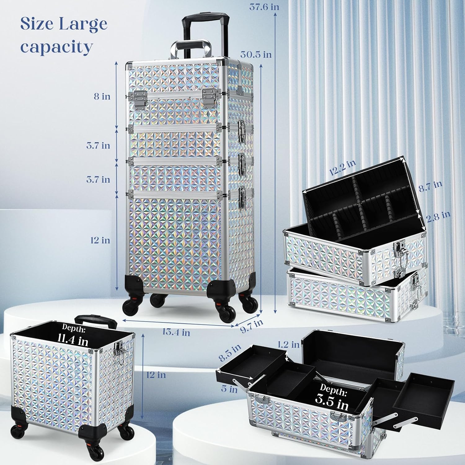 Stagiant Rolling Makeup Case Cosmetology Case on Wheels 4 in 1 Large Cosmetic Organizer Train Case Makeup Travel Case with Key Swivel Wheels Nail