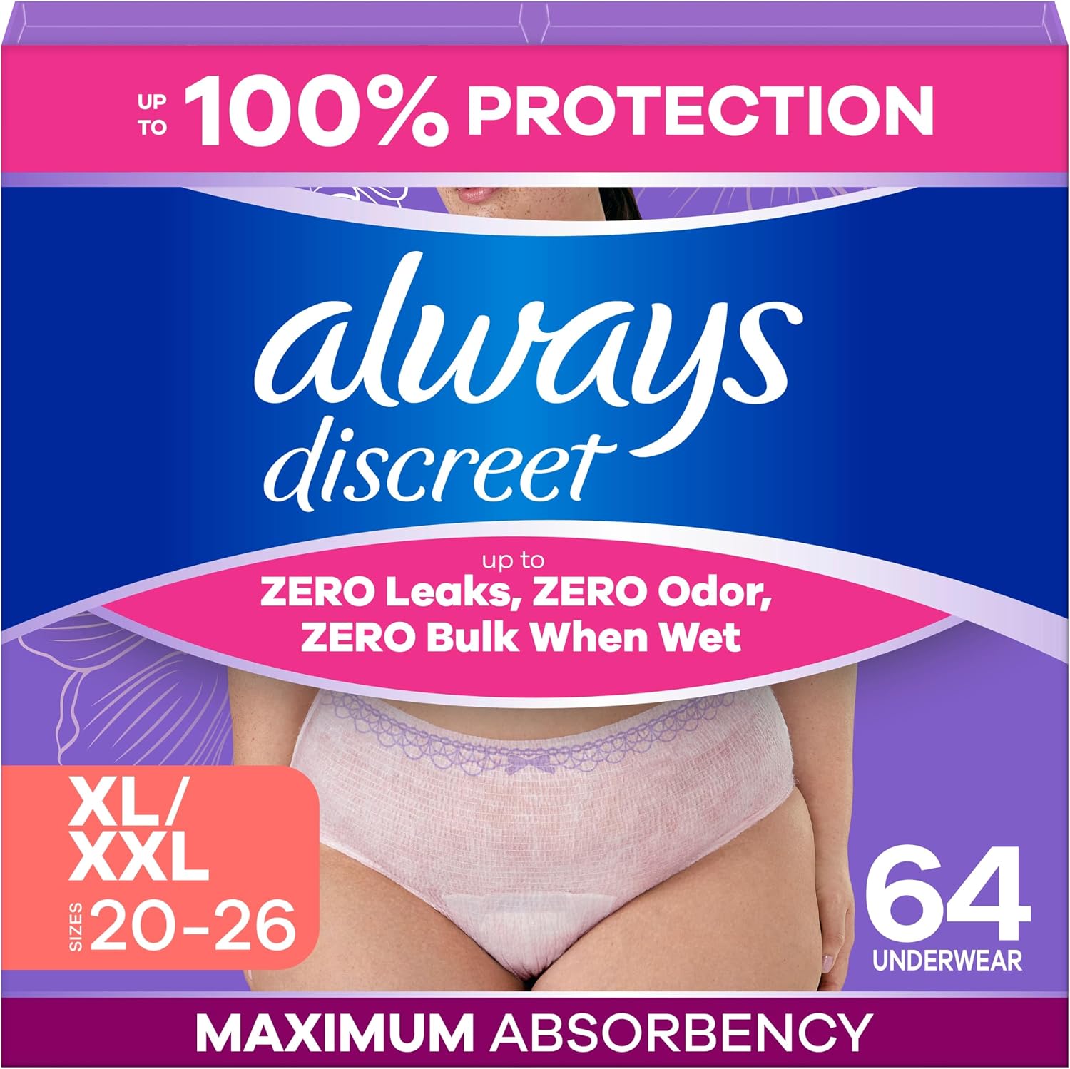 Always Discreet Adult Diapers for Women, Incontinence Underwear, Postpartum Essentials, Disposable Briefs, Max Absorbency, Bladder Leak Protection, Small/Medium, 32ct