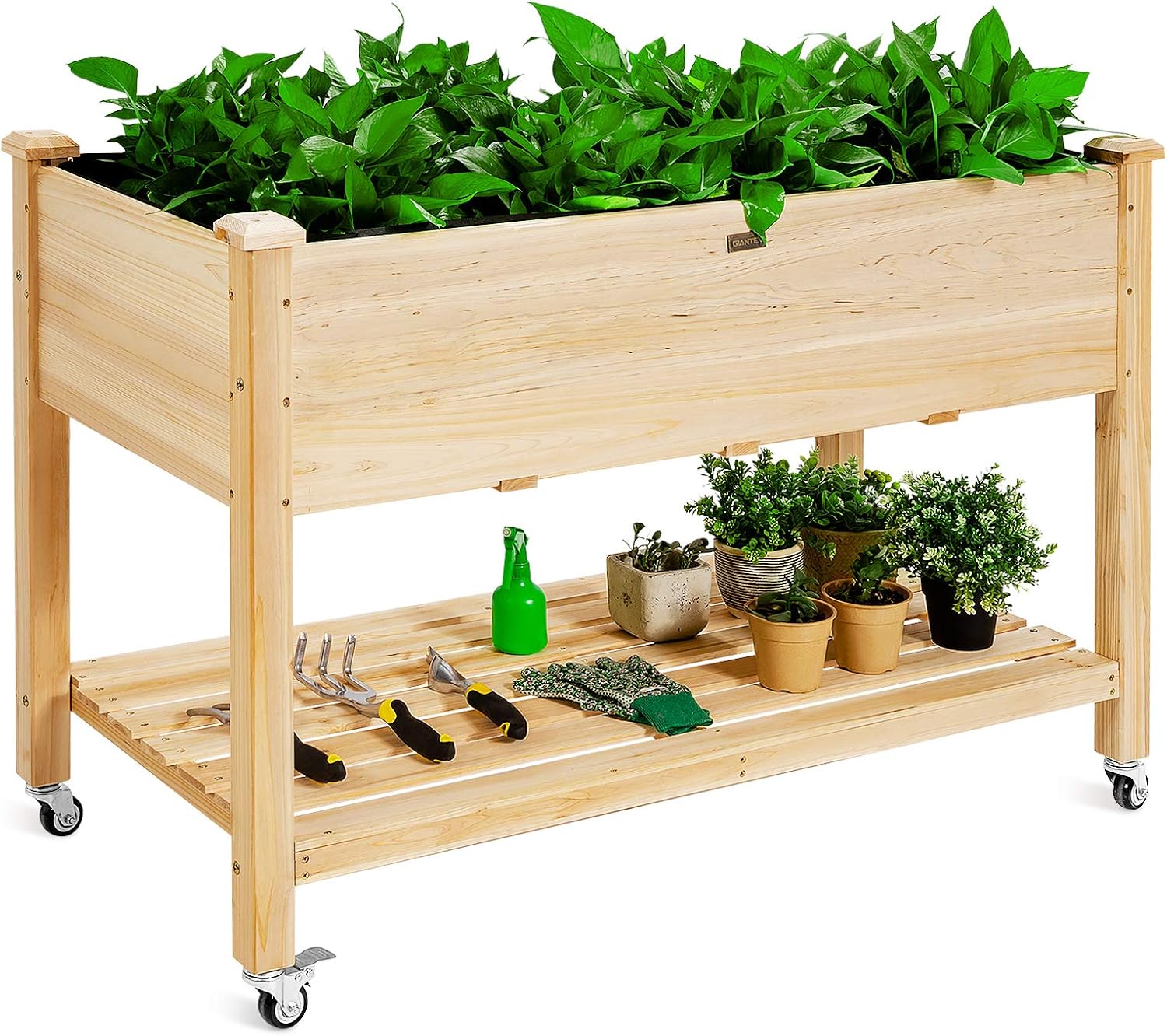 GIANTEX Raised Garden Bed on Wheels, Wood Planter Box with Legs, Liner, Drain Holes, Elevated Garden Bed for Vegetables