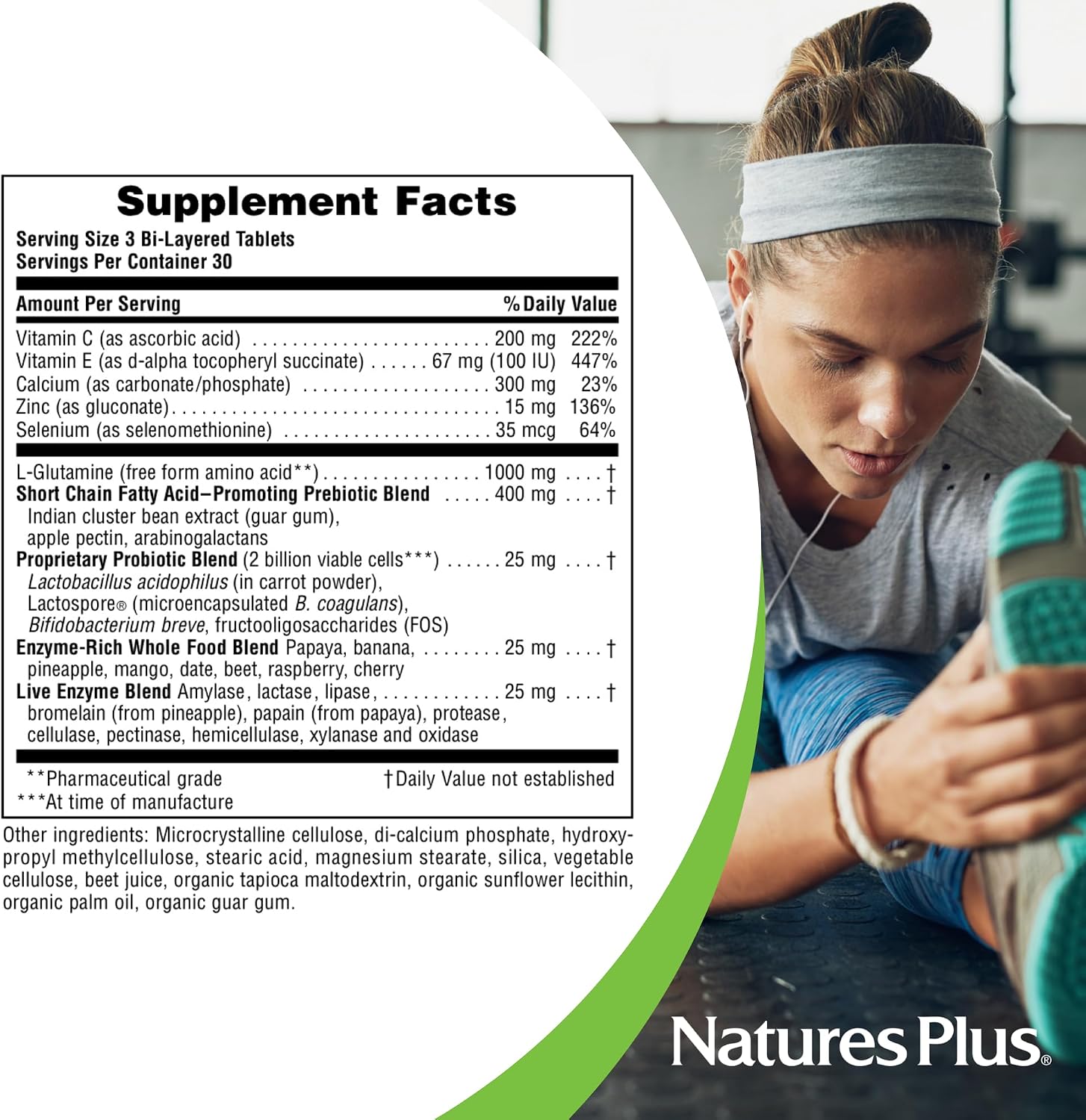 NaturesPlus GI Natural Total Digestive Wellness - 90 Bi-Layered Tablets - with L-Glutamine, Probiotics, Prebiotics & Enzymes - Gluten Free - 30 Servings