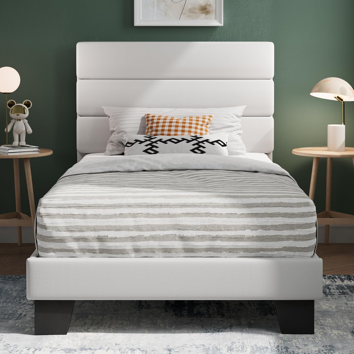 SHA CERLIN Full Platform Bed Frame with Upholstered Fabric Headboard, Grey