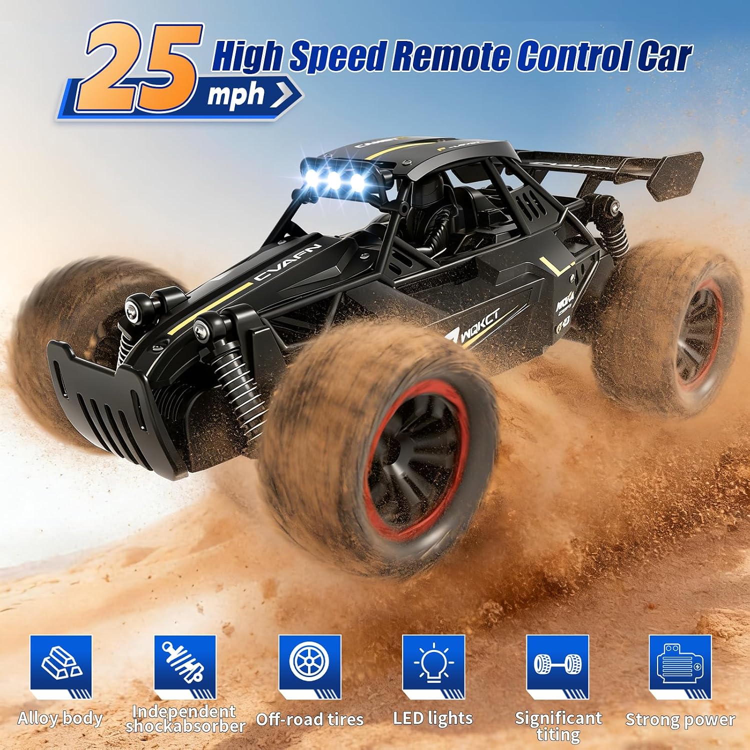 Remote Control Car, Fast RC Monster Truck with Durable Metal Body, 1:16 Off-Road RC Crawler with LED Headlights, All-Terrain Drift Car, 3 4 5 6 7 8 9 10 Year Old Boys Girls Kids Gifts