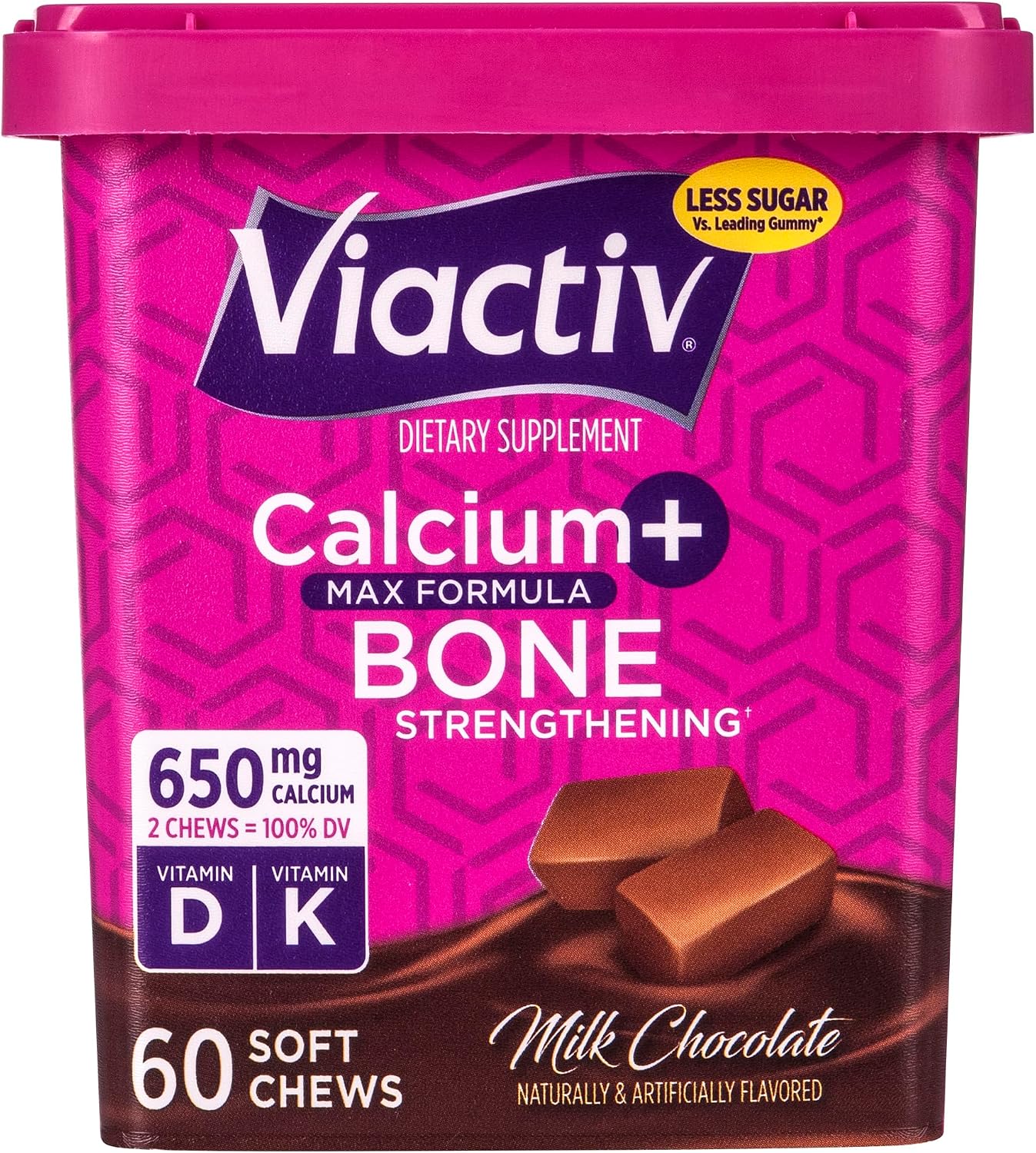 Viactiv Calcium + Vitamin D Supplement Soft Chews for Women & Men - Chewable Calcium for Bone Health Support, 650 mg per Serving, Vitamin D & K for High Absorption - 60 Count, Caramel
