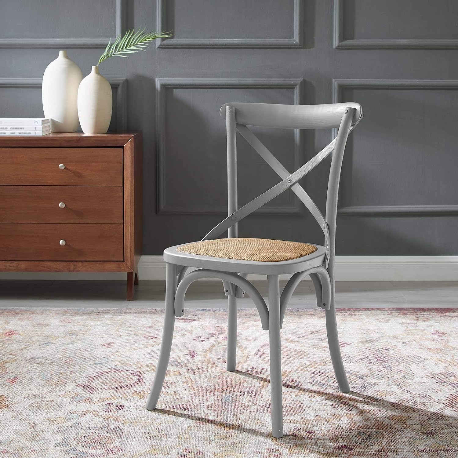 Modway Gear Rustic Modern Farmhouse Elm Wood Rattan Dining Chair in Gray
