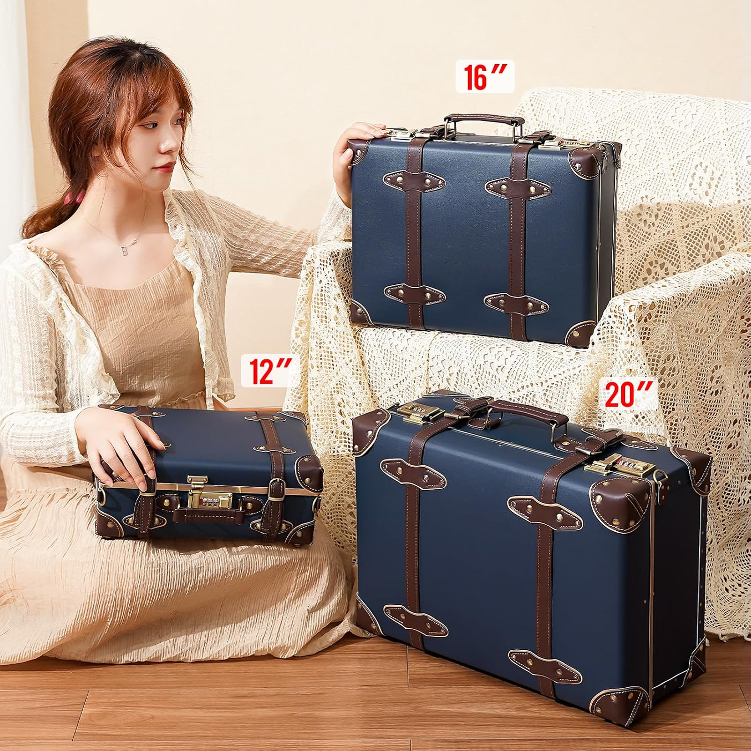 urecity Vintage and Cute Carry-on Overnight Case Non-wheeled Mini Leather Trunk Suitcase with Shoulder Strap