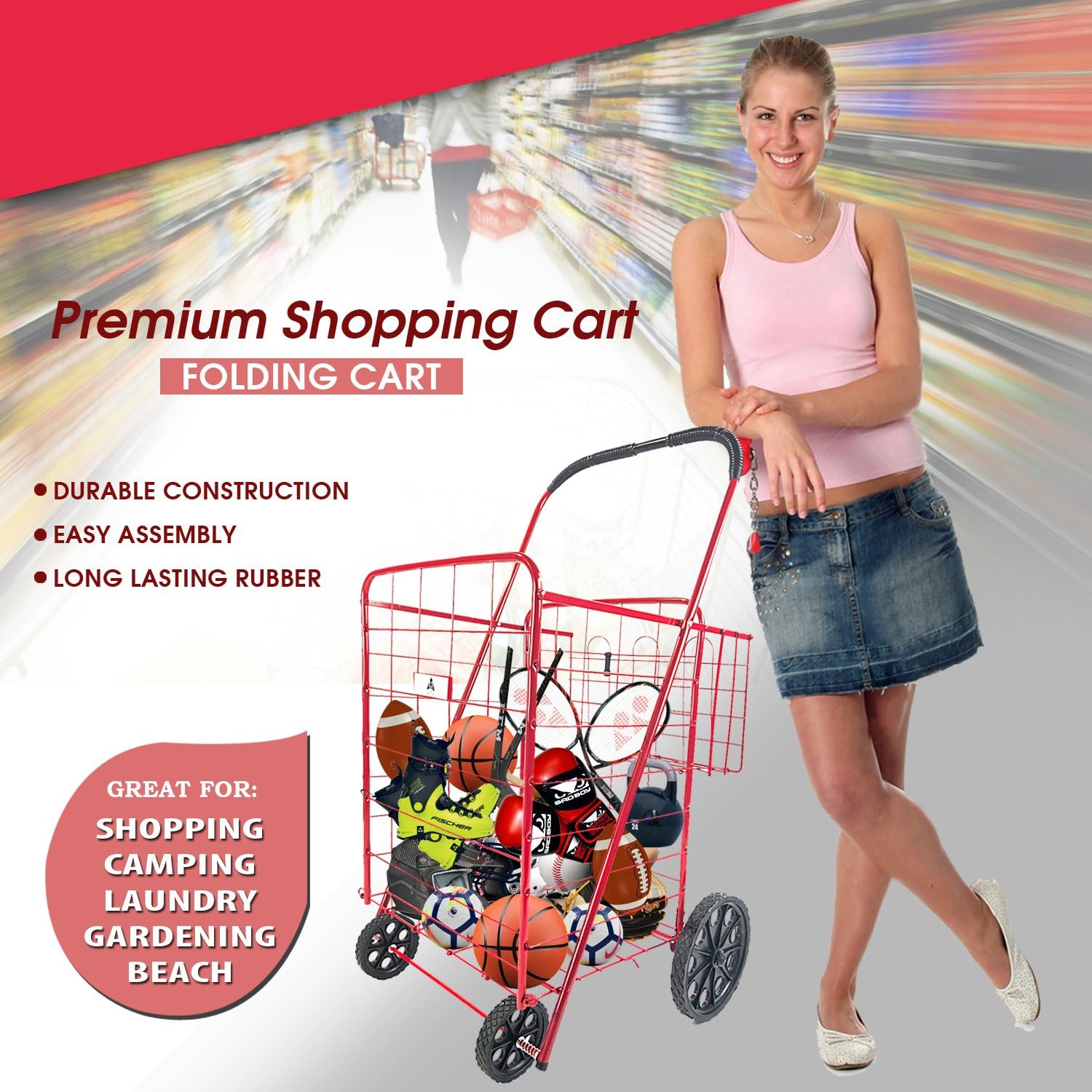 ATH Large Deluxe Rolling Utility / Shopping Cart - Stowable Folding Heavy Duty Cart with Rubber Wheels For Haul Laundry, Groceries, Toys, Sports Equipment, Red