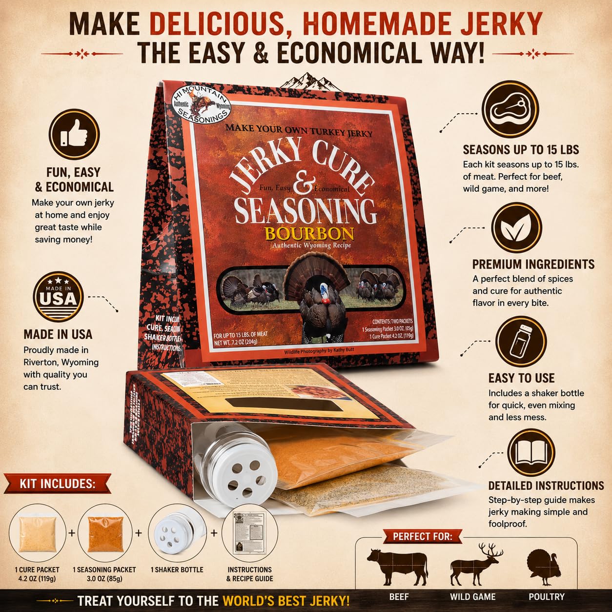 Hi Mountain Goose Jerky Seasoning & Cure Kit | MEQUITE | Makes 15 lbs | Make homemade goose, duck & waterfowl jerky with bold mesquite smoke flavor for smoker, dehydrator & oven