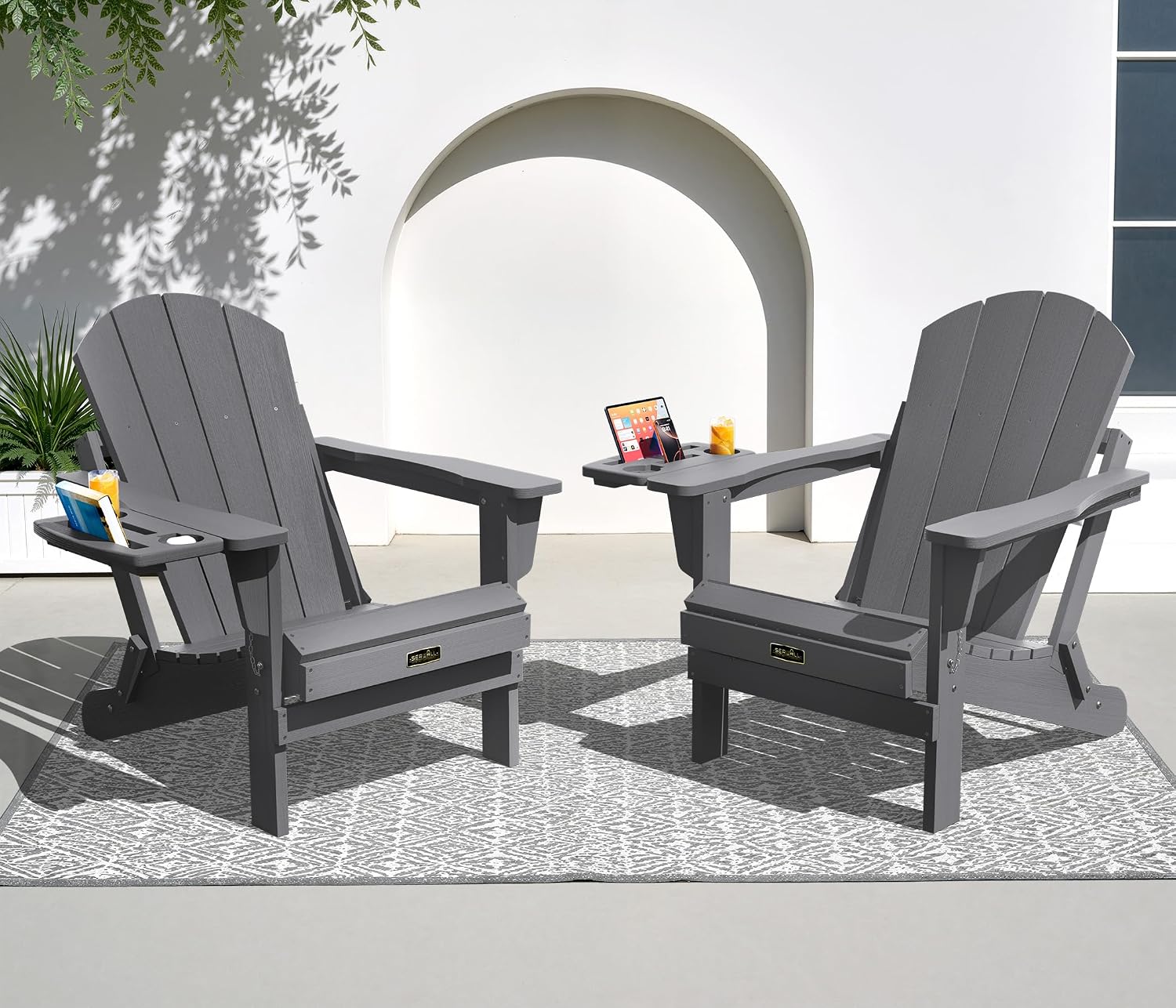 SERWALL Folding Adirondack Chairs with Cup Holder, Outdoor Fire Pit - Blue