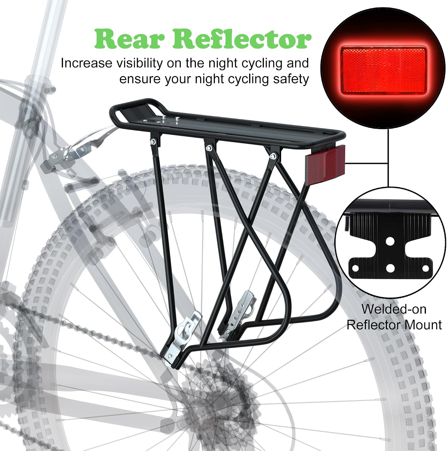 Bike Cargo Rack w/Bungee Cargo Net & Reflective Logo Universal Adjustable Bicycle Rear Luggage Touring Carrier Racks 55lbs Capacity Quick Release